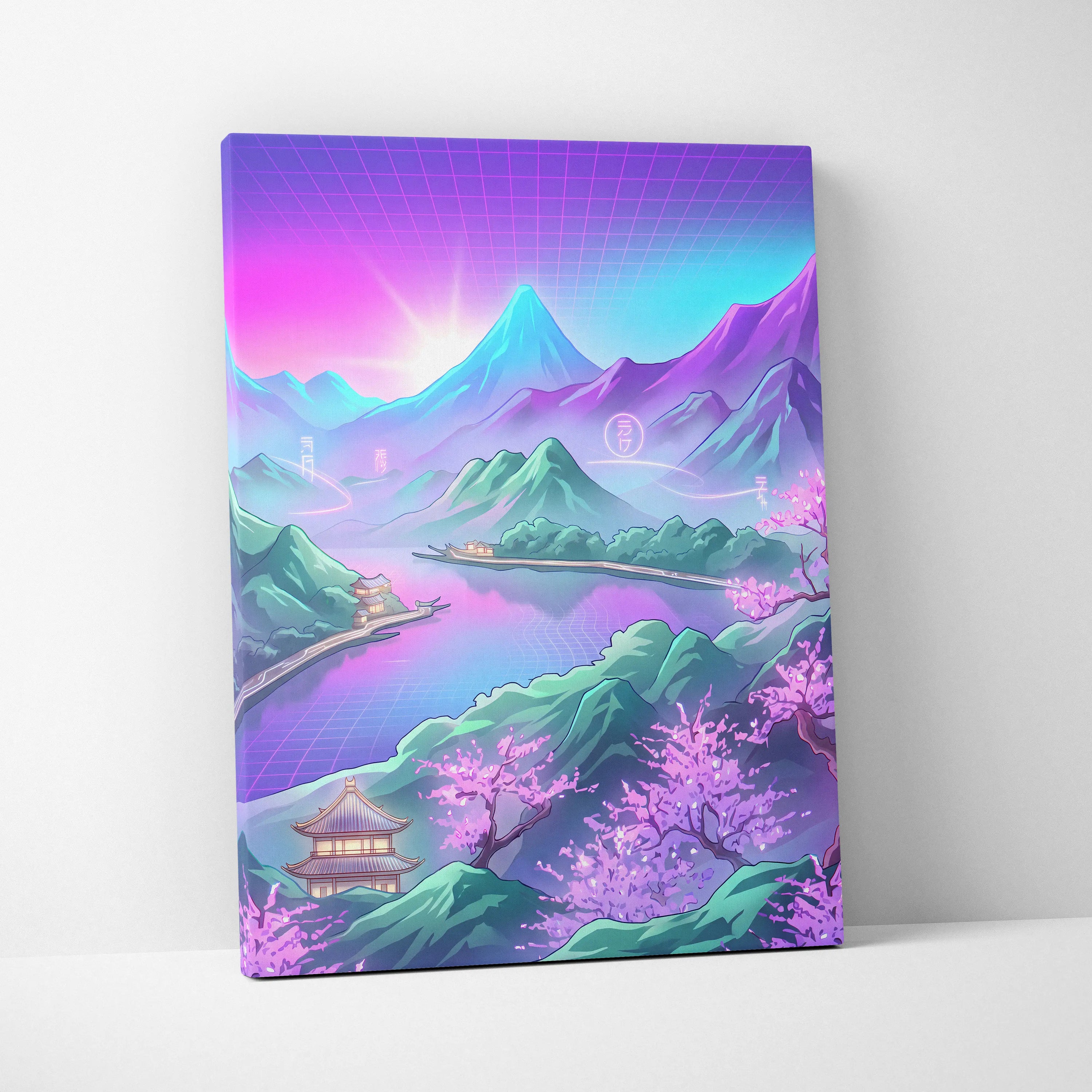 Vaporwave Japan Neon Mountain - Japan Landscape Pink Neon Vaporwave Living Room Retro Futurism Decor Canvas Print