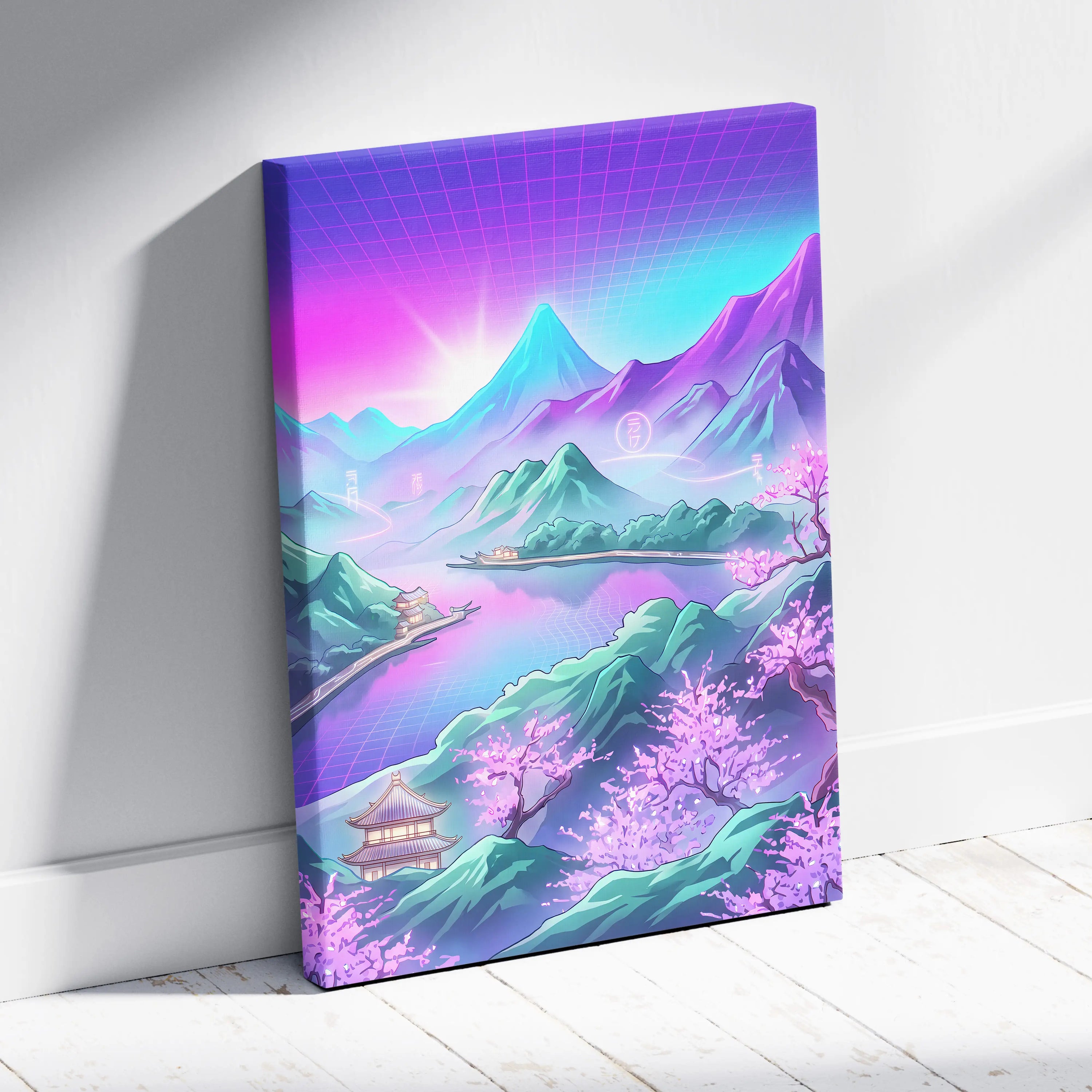 Vaporwave Japan Neon Mountain - Japan Landscape Pink Neon Vaporwave Living Room Retro Futurism Decor Canvas Print