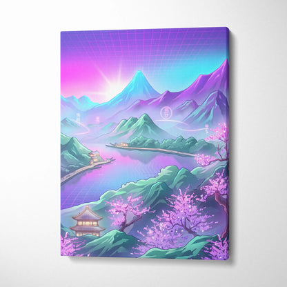 Vaporwave Japan Neon Mountain - Japan Landscape Pink Neon Vaporwave Living Room Retro Futurism Decor Canvas Print