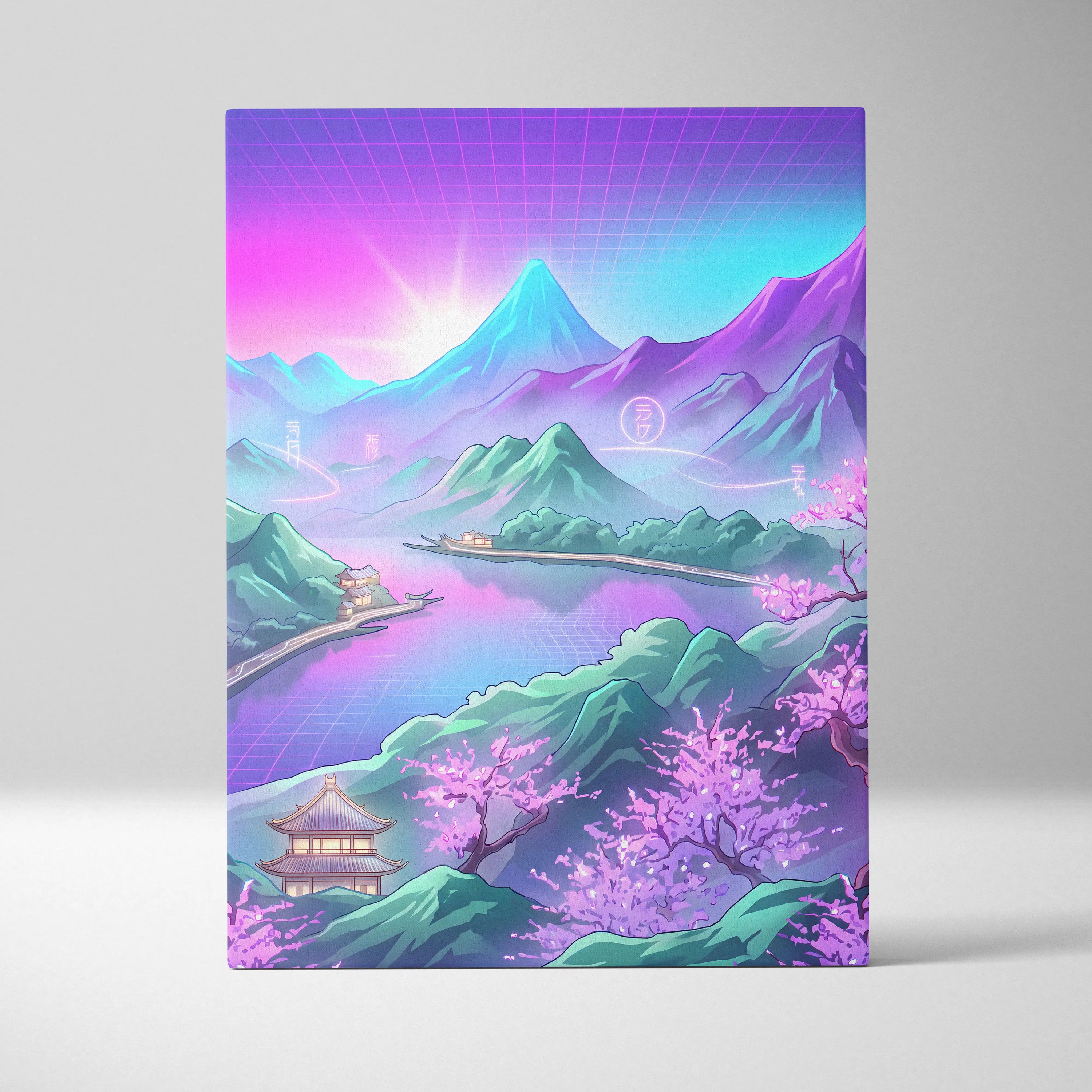 Vaporwave Japan Neon Mountain - Japan Landscape Pink Neon Vaporwave Living Room Retro Futurism Decor Canvas Print