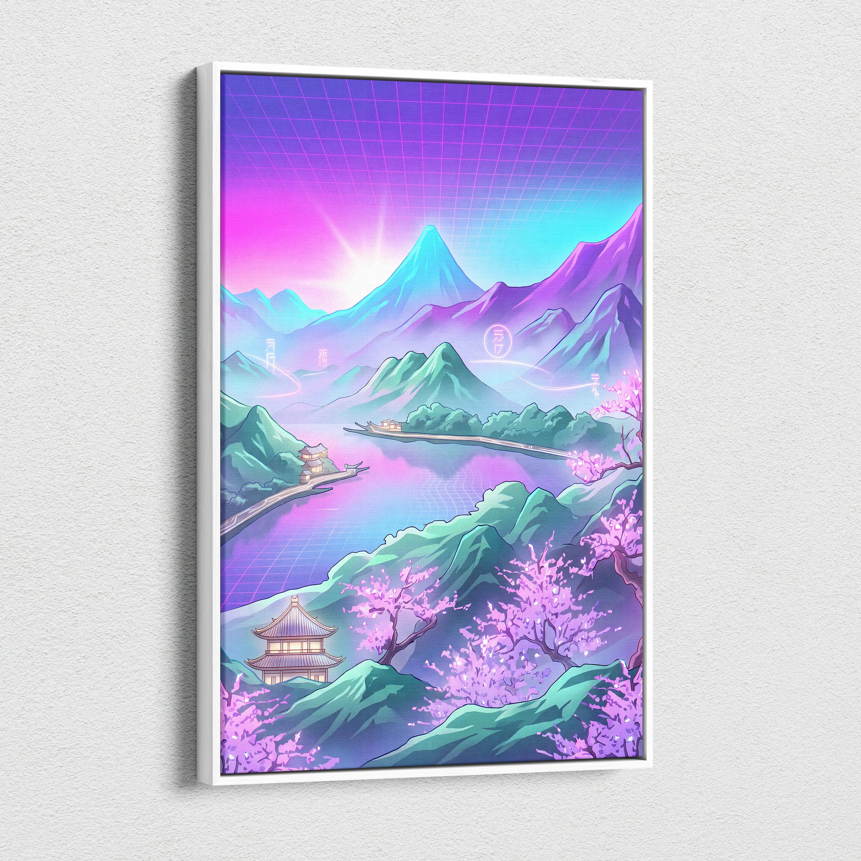 Vaporwave Japan Neon Mountain - Japan Landscape Pink Neon Vaporwave Living Room Retro Futurism Decor Canvas Print