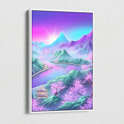 Vaporwave Japan Neon Mountain - Japan Landscape Pink Neon Vaporwave Living Room Retro Futurism Decor Canvas Print