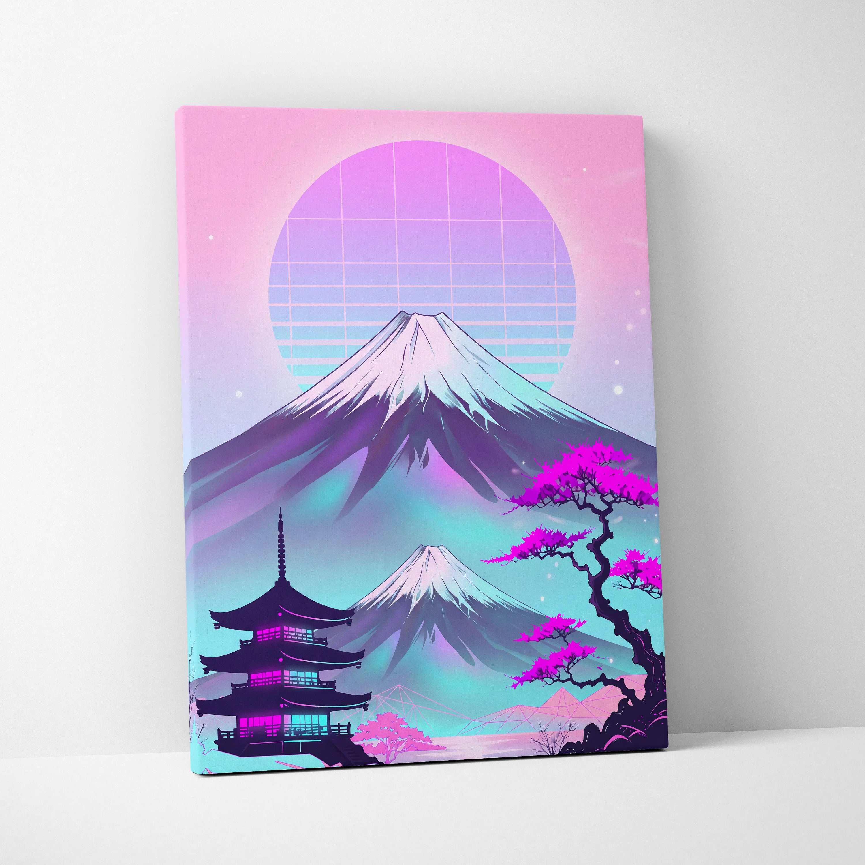 Neon Fuji Vaporwave Canvas - Mount Fuji Vaporwave Pastel Pink Purple Living Room Retro Dreamy Mood Canvas Print