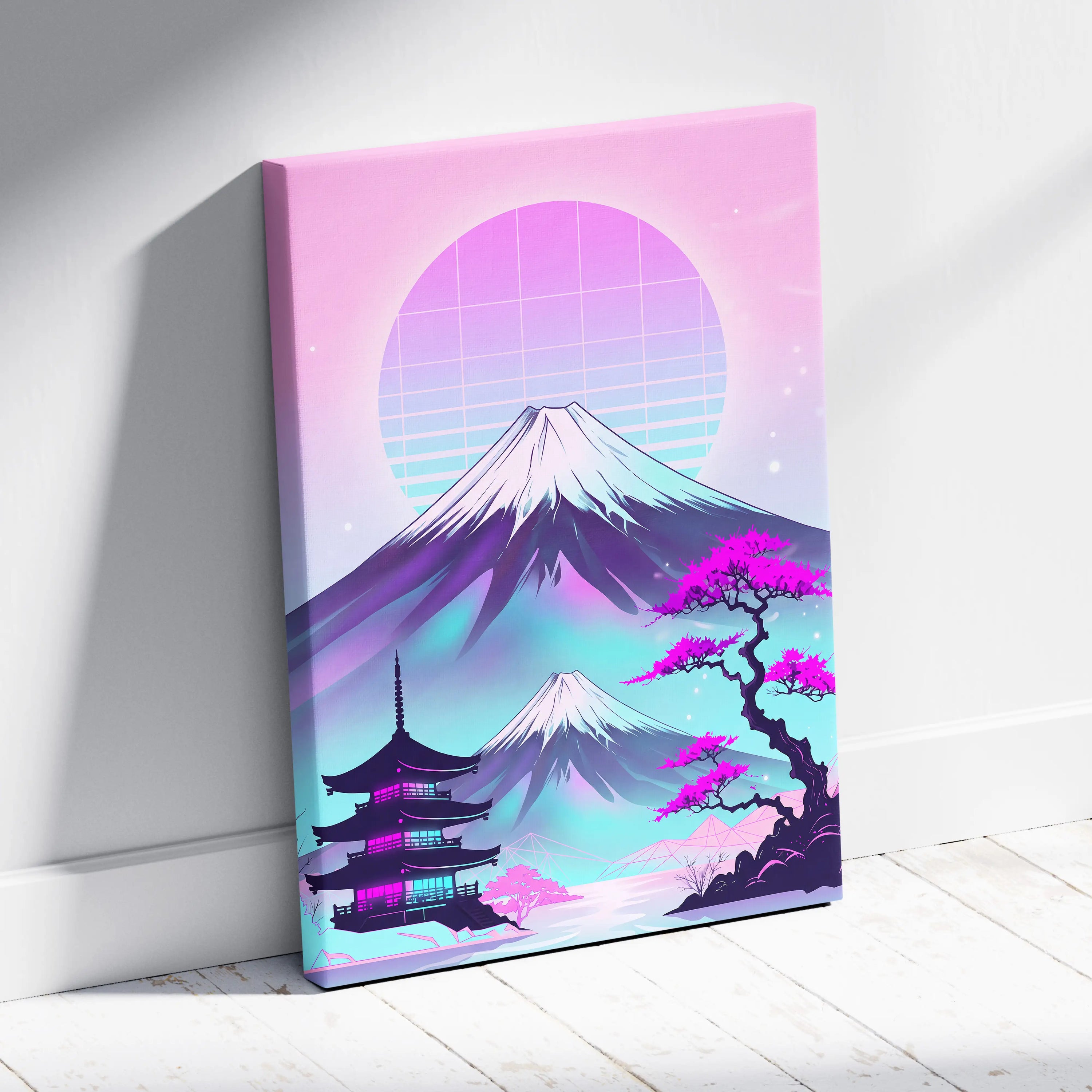 Neon Fuji Vaporwave Canvas - Mount Fuji Vaporwave Pastel Pink Purple Living Room Retro Dreamy Mood Canvas Print