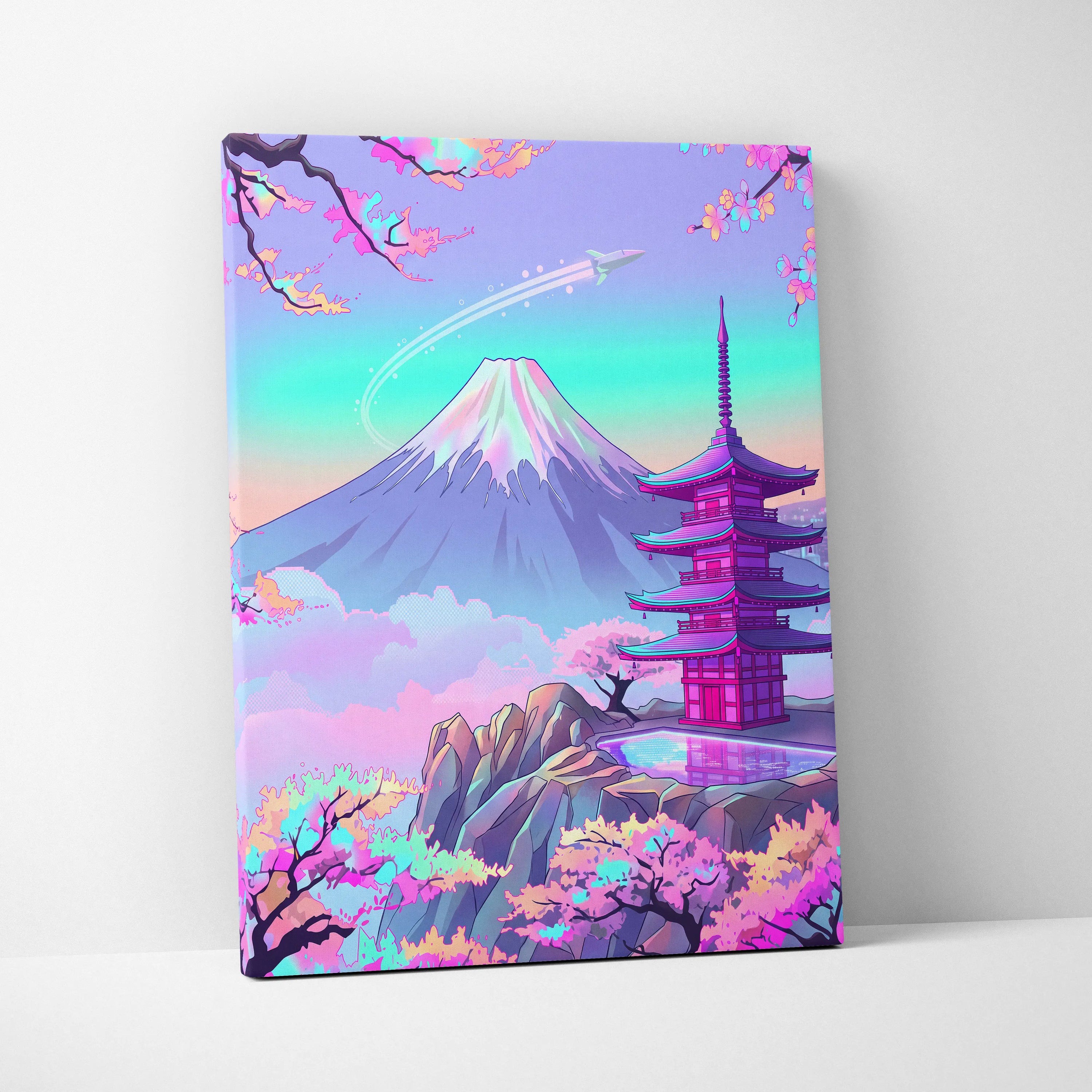 Vaporwave Mount Fuji Neon Canvas - Mount Fuji Pastel Neon Living Room Vaporwave Dreamy Mood Sakura Aesthetic Canvas