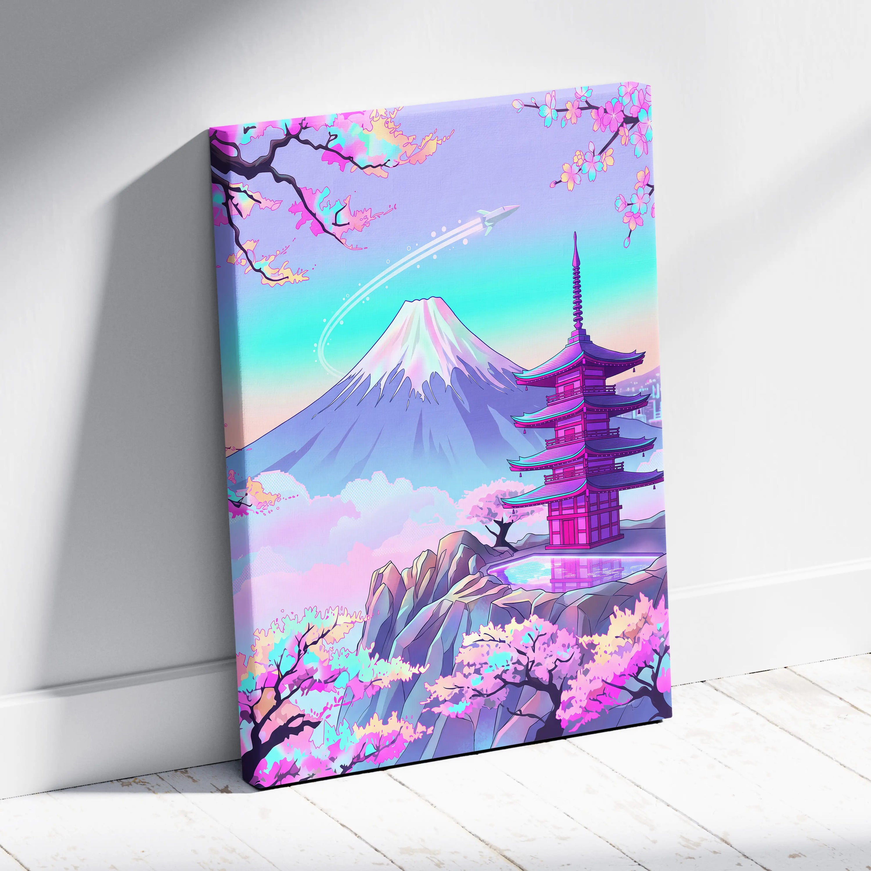 Vaporwave Mount Fuji Neon Canvas - Mount Fuji Pastel Neon Living Room Vaporwave Dreamy Mood Sakura Aesthetic Canvas