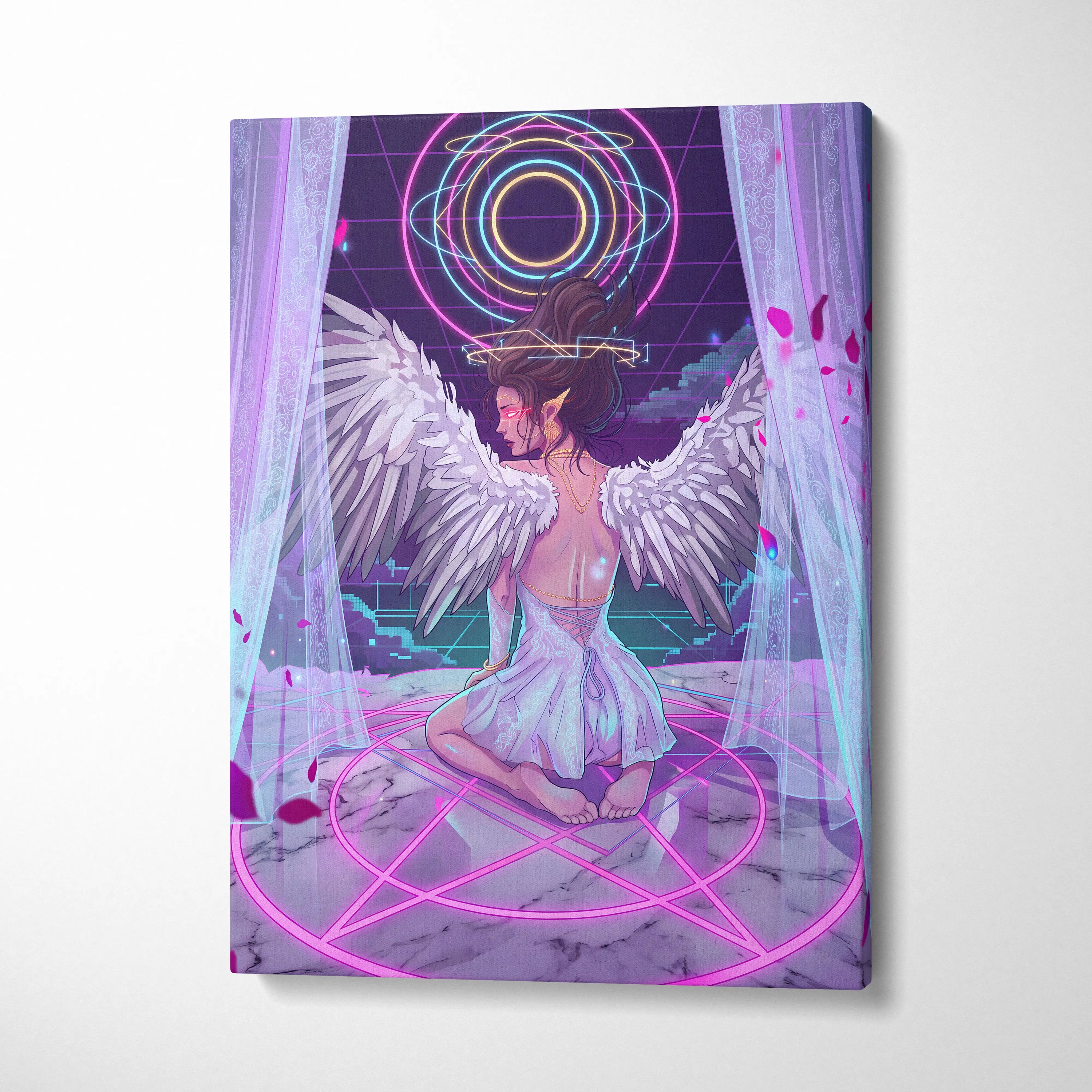 Vaporwave Angel Neon Canvas - Angel Neon Pink Blue Living Room Vaporwave Dreamy Mood Neon Retrofuturist Angel Art Canvas