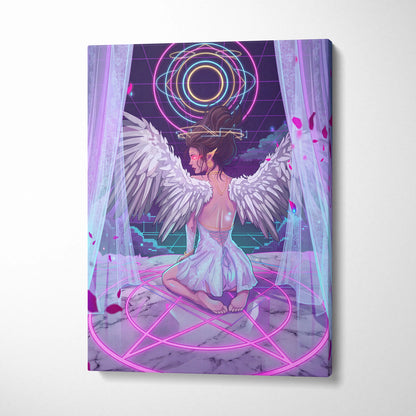 Vaporwave Angel Neon Canvas - Angel Neon Pink Blue Living Room Vaporwave Dreamy Mood Neon Retrofuturist Angel Art Canvas