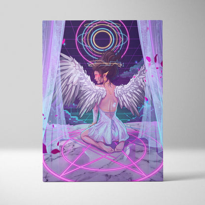 Vaporwave Angel Neon Canvas - Angel Neon Pink Blue Living Room Vaporwave Dreamy Mood Neon Retrofuturist Angel Art Canvas