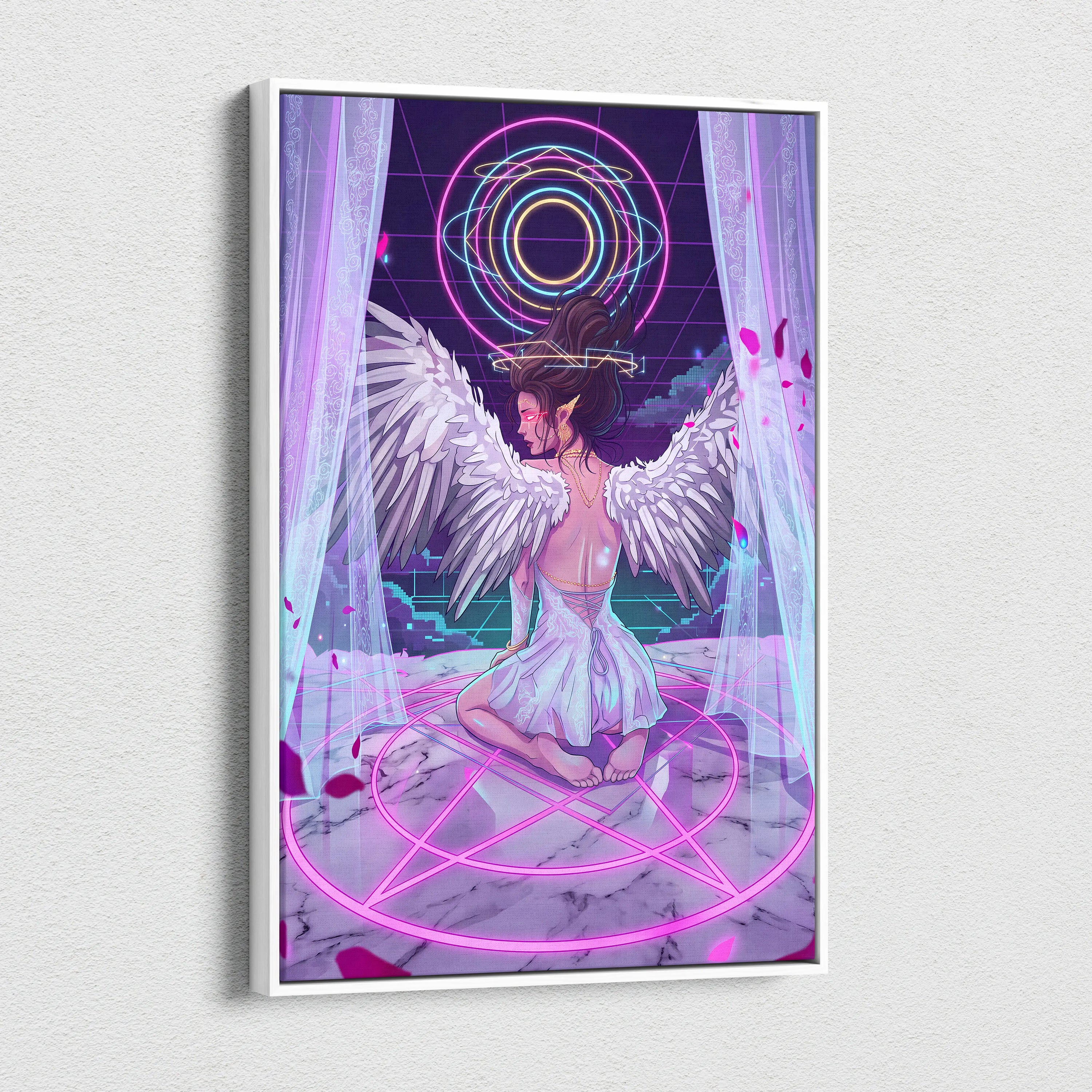 Vaporwave Angel Neon Canvas - Angel Neon Pink Blue Living Room Vaporwave Dreamy Mood Neon Retrofuturist Angel Art Canvas