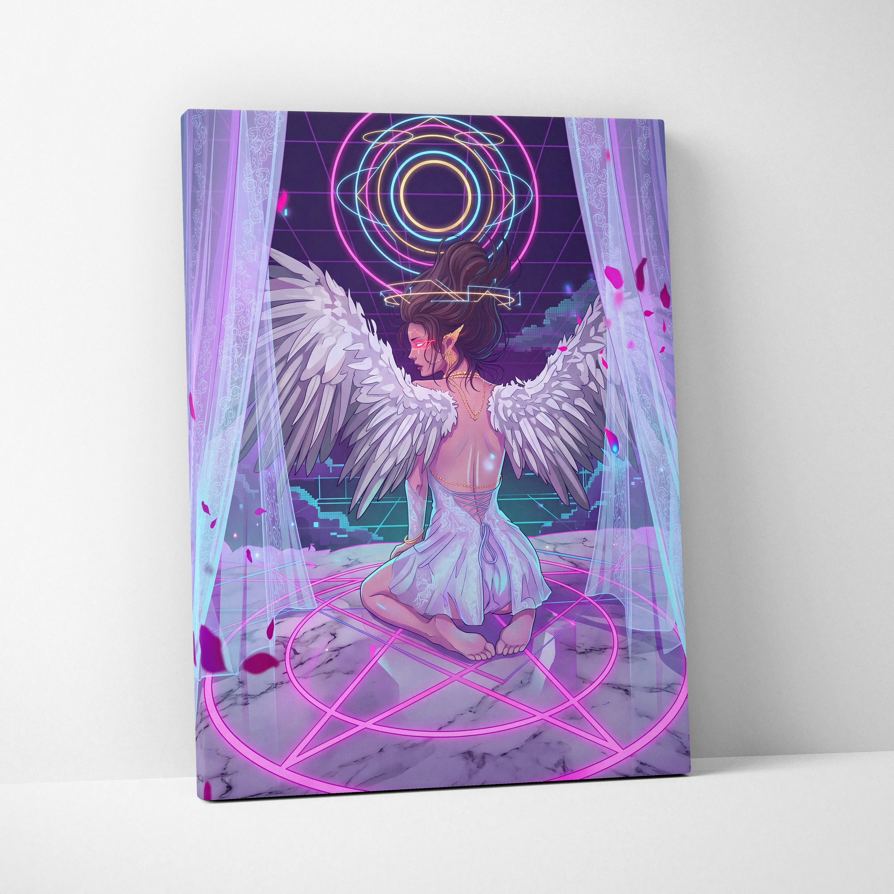 Vaporwave Angel Neon Canvas - Angel Neon Pink Blue Living Room Vaporwave Dreamy Mood Neon Retrofuturist Angel Art Canvas