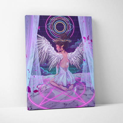 Vaporwave Angel Neon Canvas - Angel Neon Pink Blue Living Room Vaporwave Dreamy Mood Neon Retrofuturist Angel Art Canvas