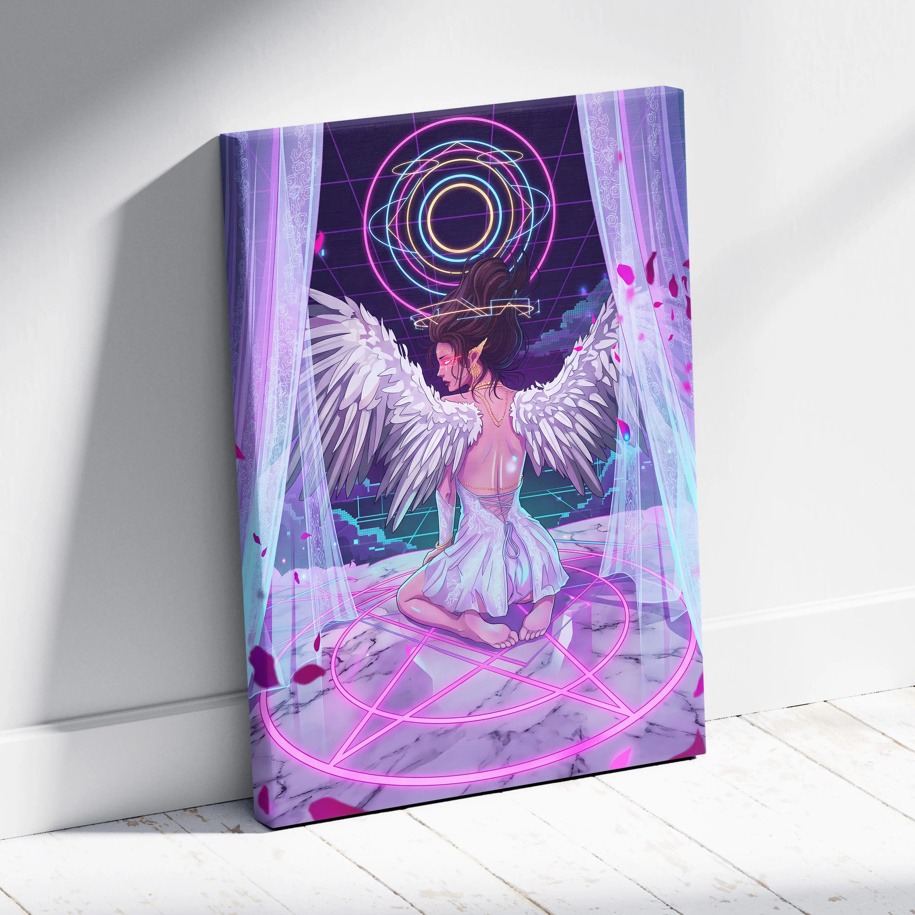 Vaporwave Angel Neon Canvas - Angel Neon Pink Blue Living Room Vaporwave Dreamy Mood Neon Retrofuturist Angel Art Canvas
