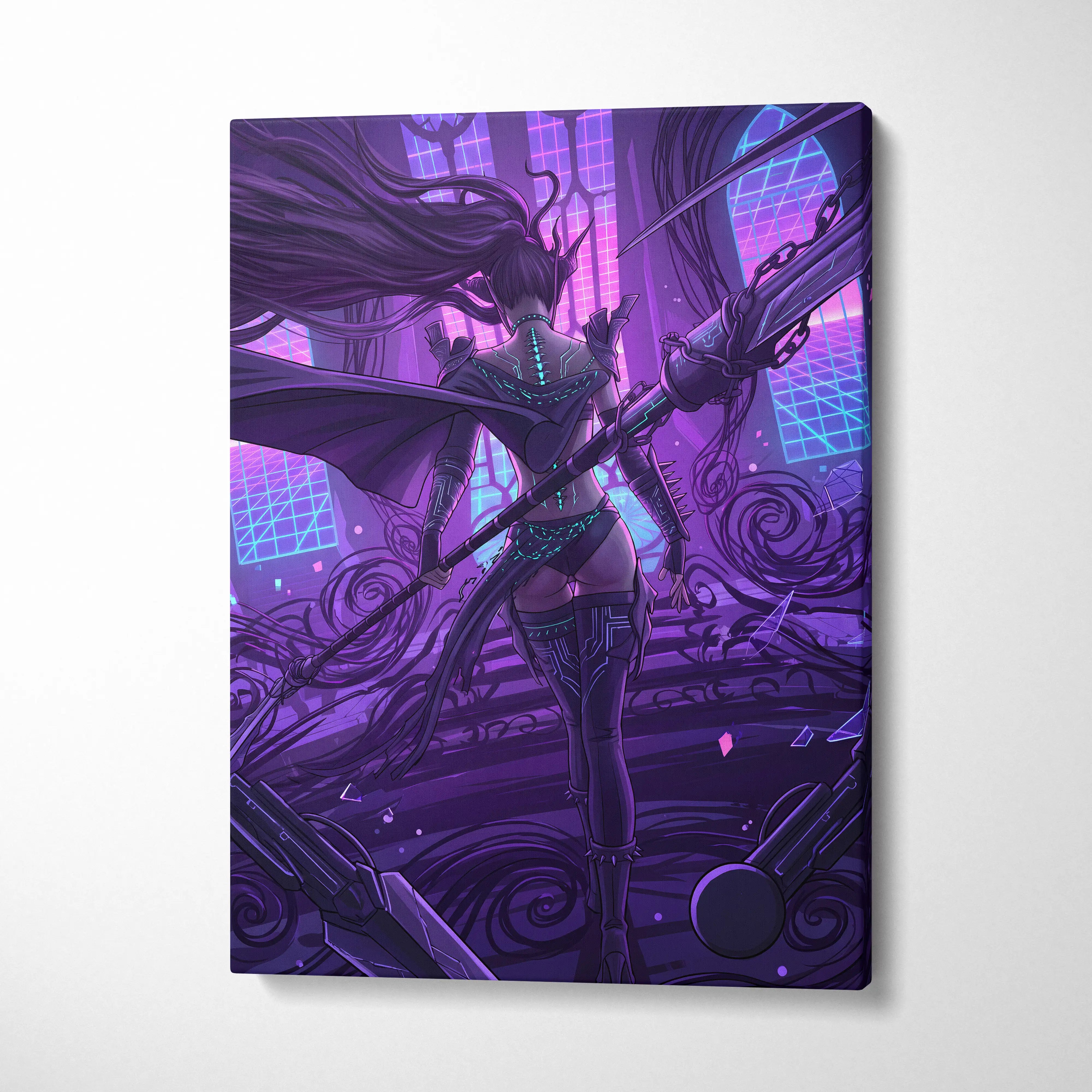 Vaporwave Neon Mythic Canvas - Mythic Heroine Purple Neon Living Room Vaporwave Moody Retro Futurism Wall Art