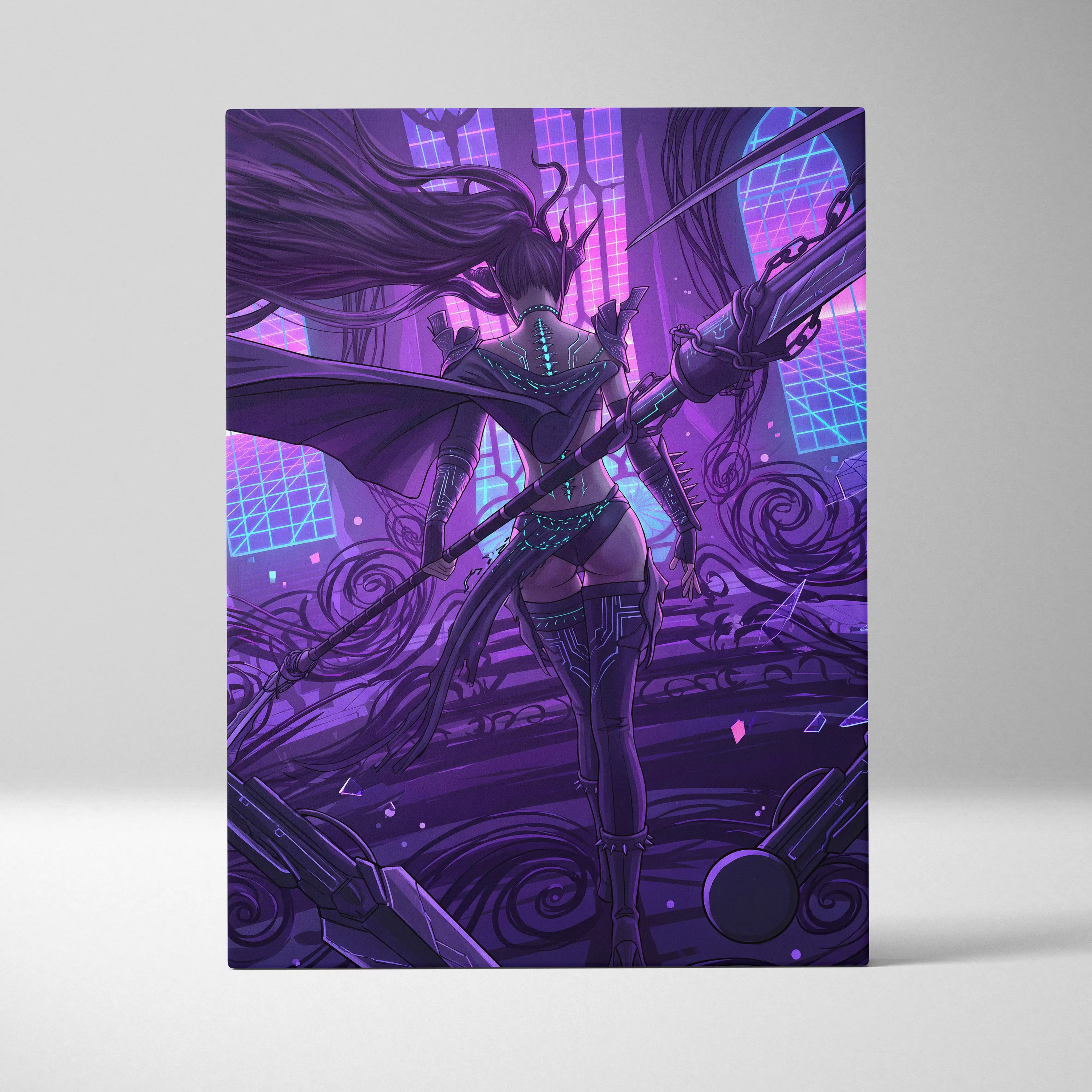 Vaporwave Neon Mythic Canvas - Mythic Heroine Purple Neon Living Room Vaporwave Moody Retro Futurism Wall Art