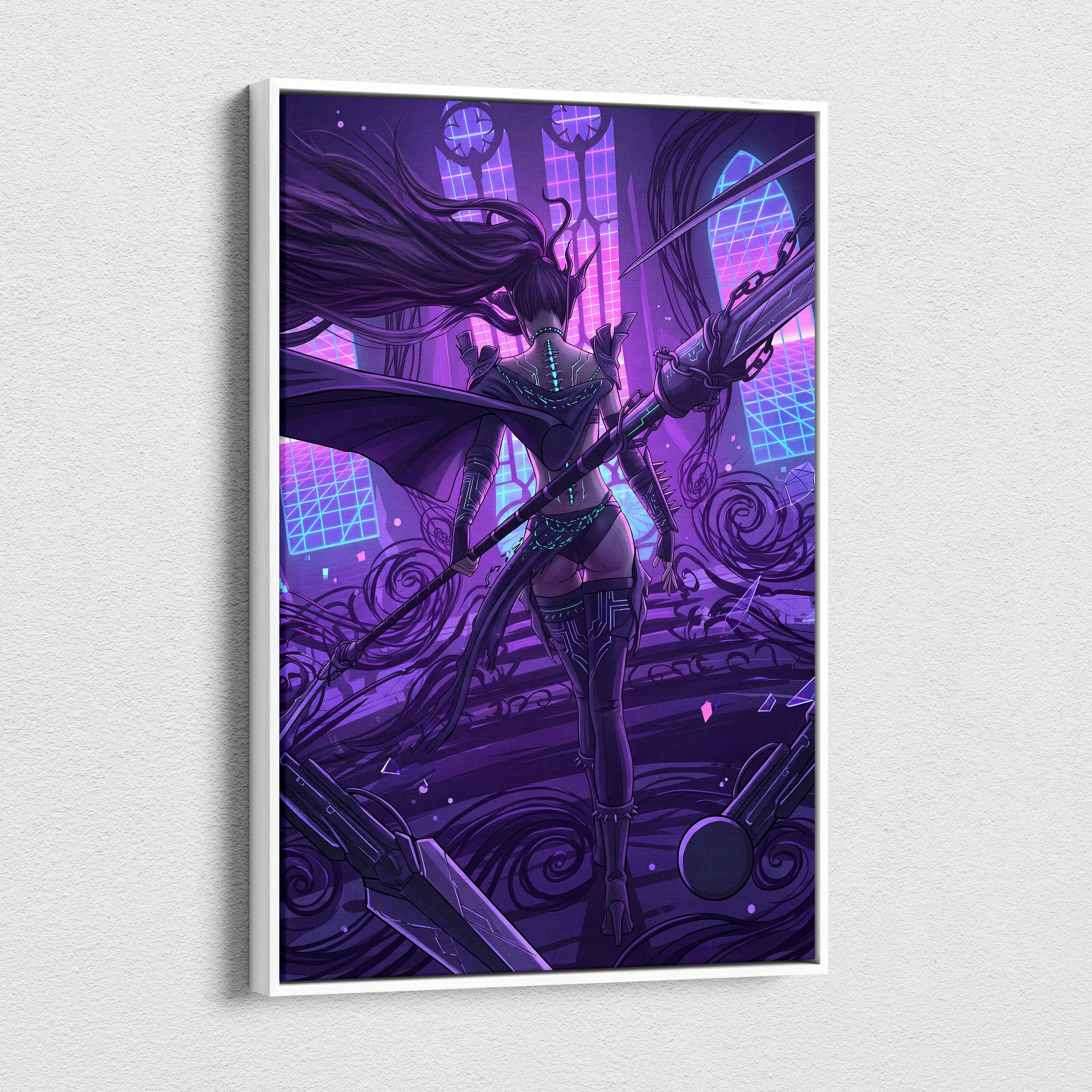 Vaporwave Neon Mythic Canvas - Mythic Heroine Purple Neon Living Room Vaporwave Moody Retro Futurism Wall Art