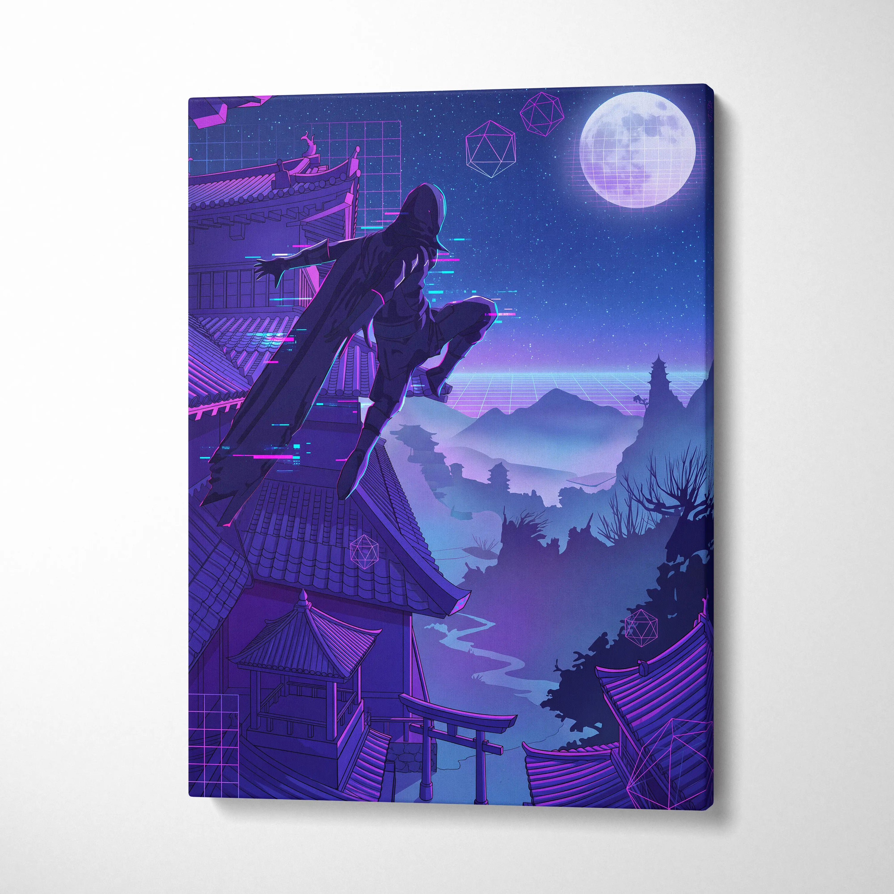 Vaporwave Neon Moon Canvas - Moon Neon Pink Blue Living Room Art Vaporwave Dreamy Mood Futuristic Decor Cyberpunk Canvas