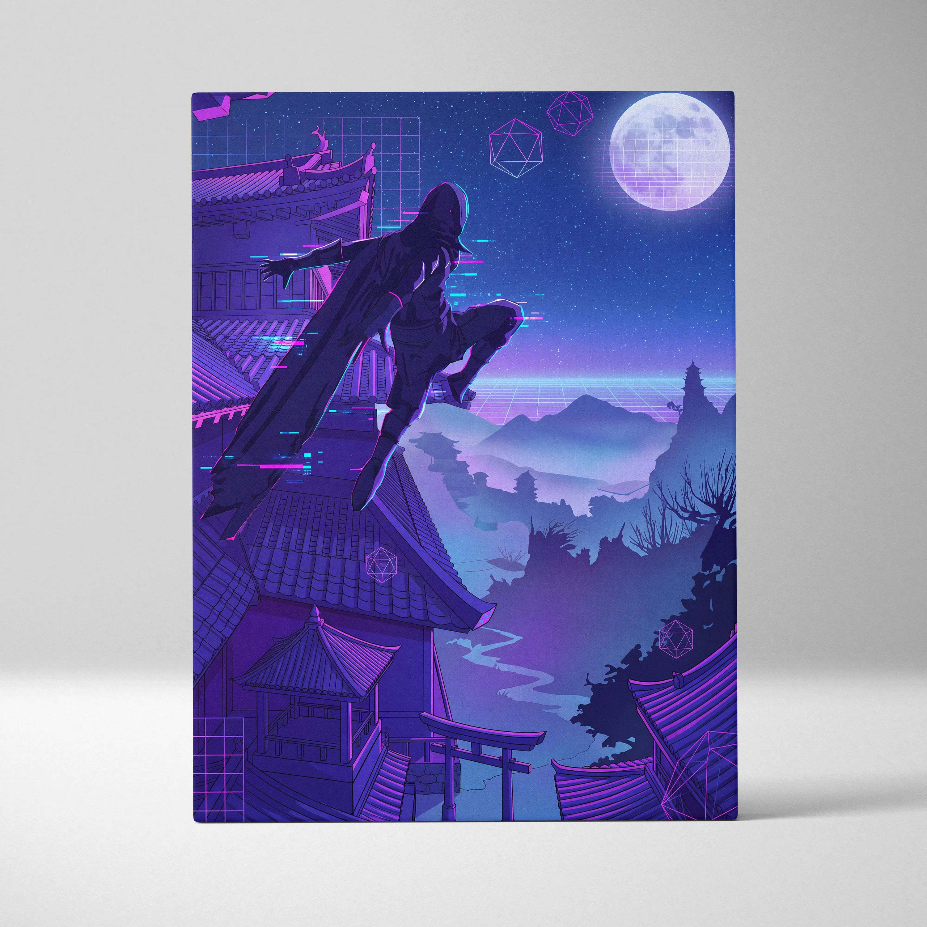 Vaporwave Neon Moon Canvas - Moon Neon Pink Blue Living Room Art Vaporwave Dreamy Mood Futuristic Decor Cyberpunk Canvas