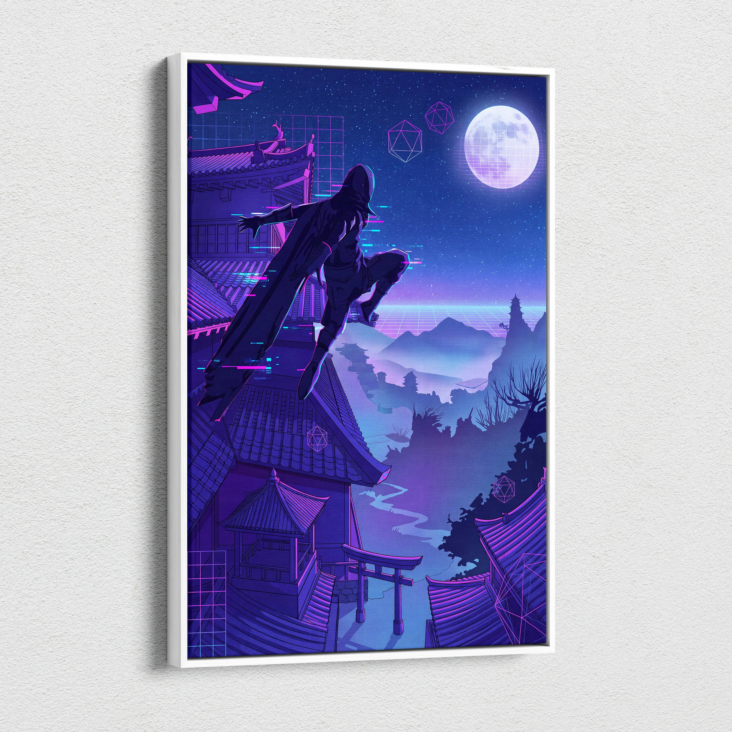 Vaporwave Neon Moon Canvas - Moon Neon Pink Blue Living Room Art Vaporwave Dreamy Mood Futuristic Decor Cyberpunk Canvas