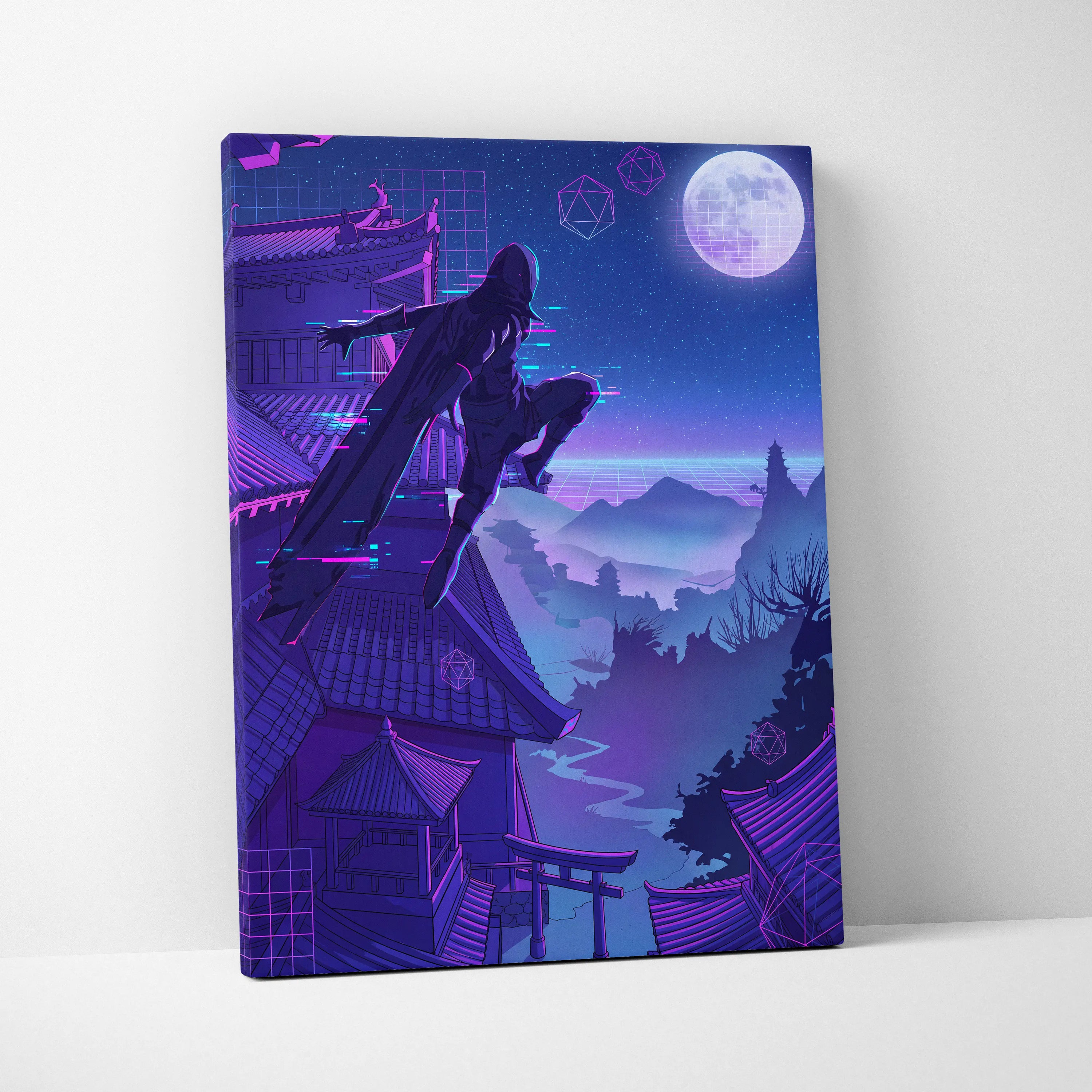 Vaporwave Neon Moon Canvas - Moon Neon Pink Blue Living Room Art Vaporwave Dreamy Mood Futuristic Decor Cyberpunk Canvas