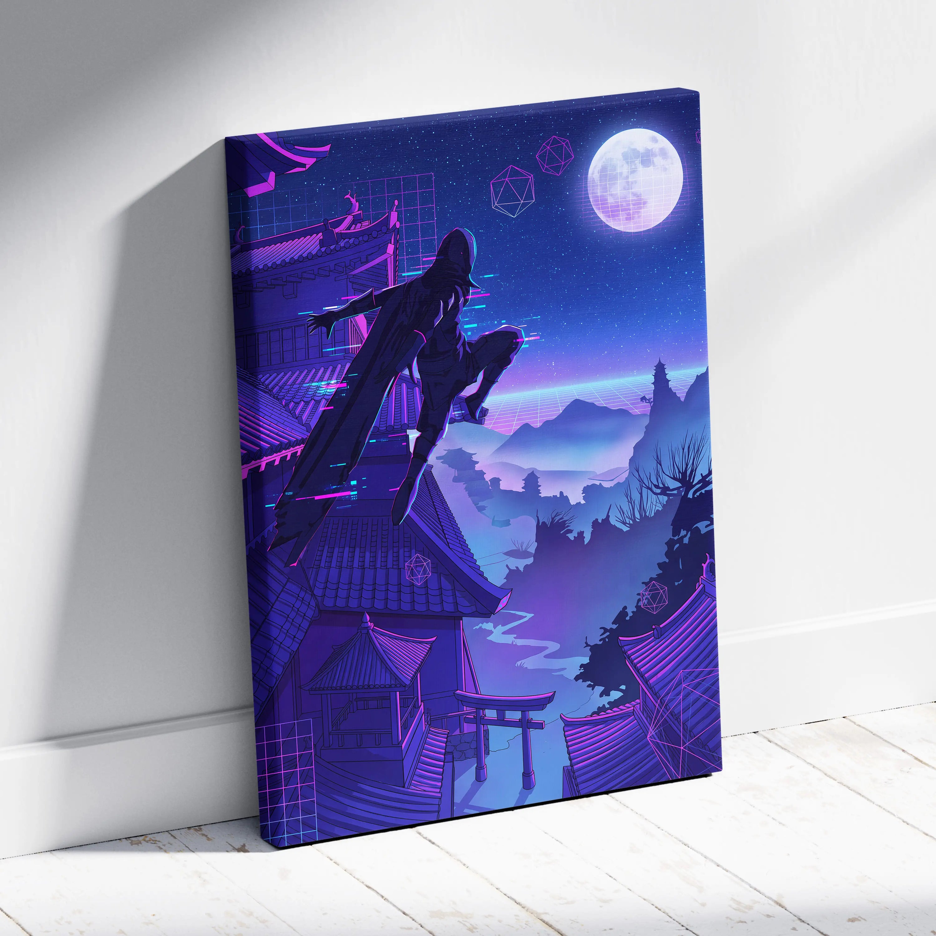 Vaporwave Neon Moon Canvas - Moon Neon Pink Blue Living Room Art Vaporwave Dreamy Mood Futuristic Decor Cyberpunk Canvas