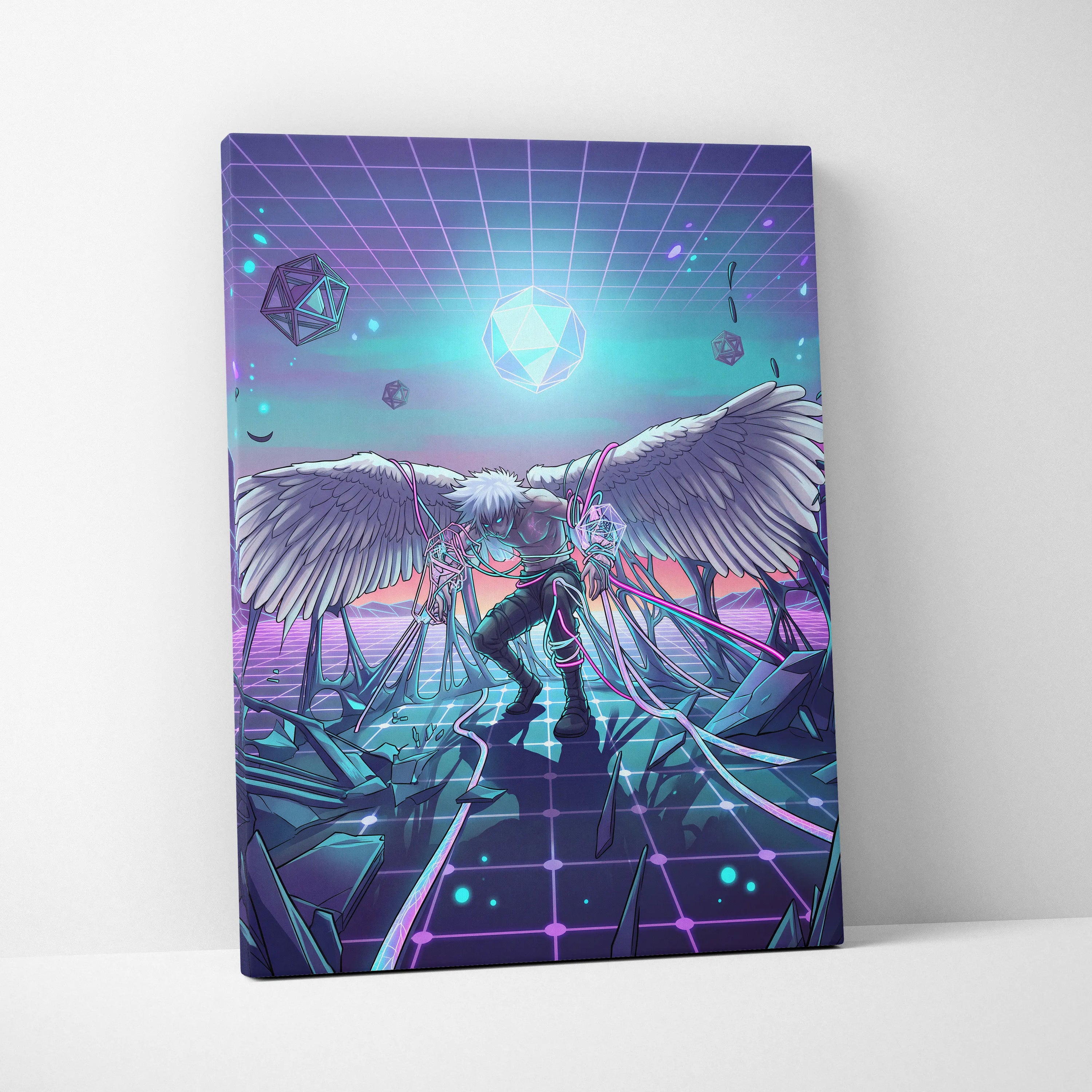 Vaporwave Wings Neon Dream Canvas - Winged Neon Pink Cyan Living Room Vaporwave Dreamy Retro-Futuristic Canvas Print