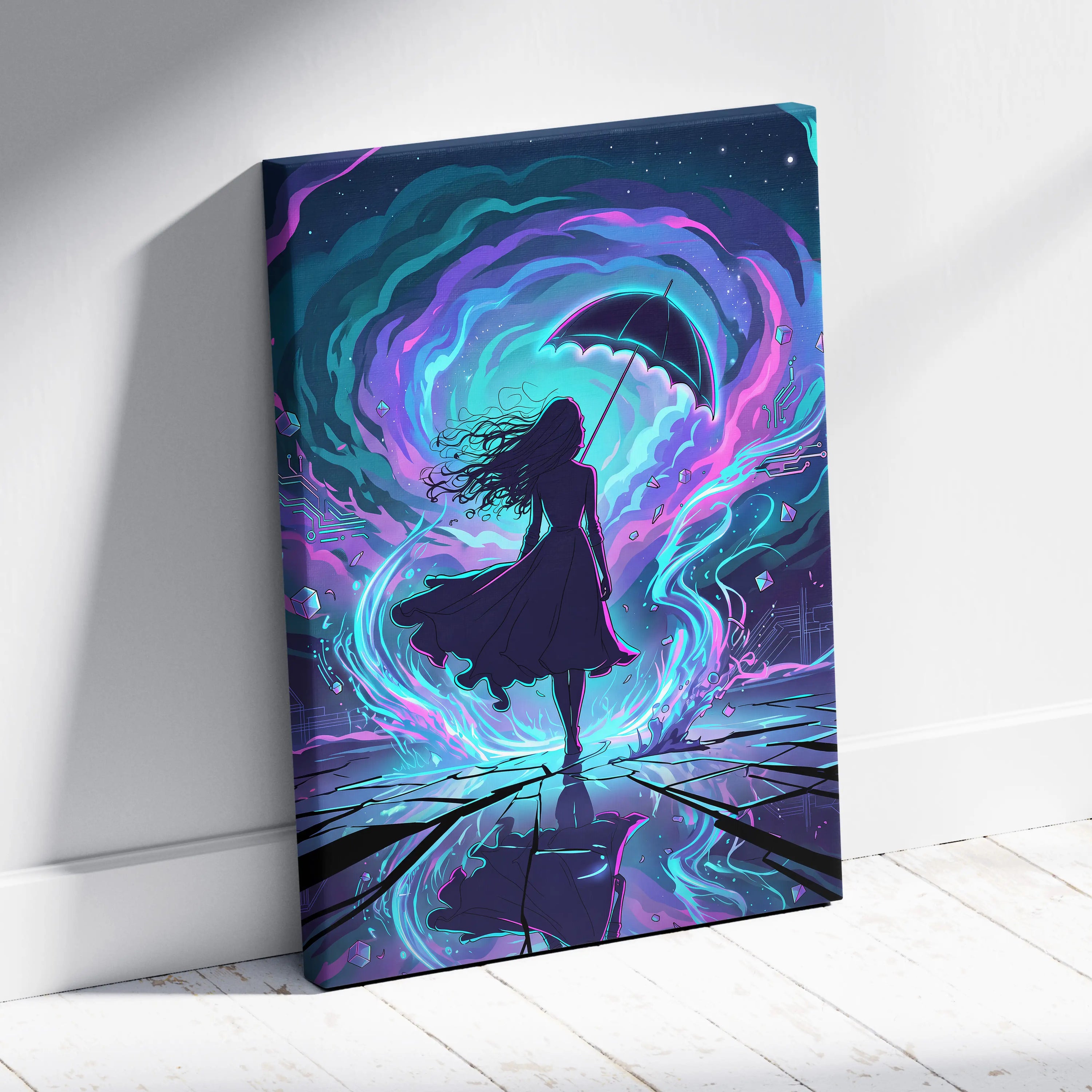 Vaporwave Neon Umbrella Fantasy - Woman Umbrella Neon Pink Teal Vaporwave Dreamy Retro Neon Wall Art Canvas