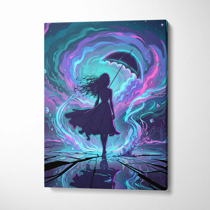 Vaporwave Neon Umbrella Fantasy - Woman Umbrella Neon Pink Teal Vaporwave Dreamy Retro Neon Wall Art Canvas