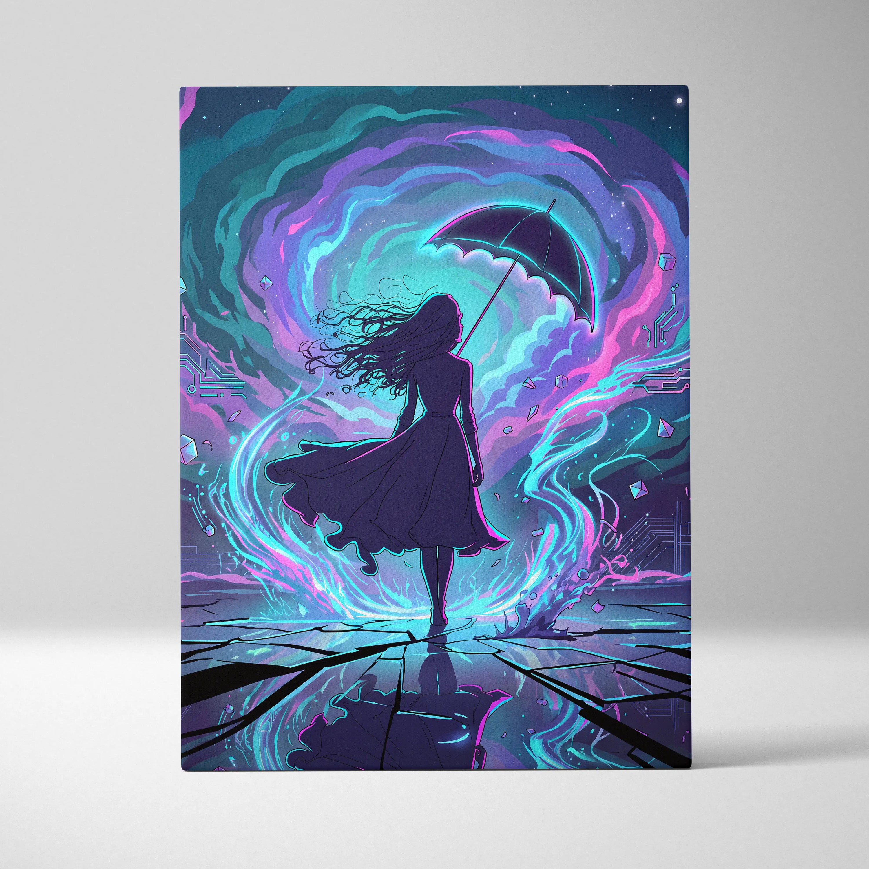 Vaporwave Neon Umbrella Fantasy - Woman Umbrella Neon Pink Teal Vaporwave Dreamy Retro Neon Wall Art Canvas
