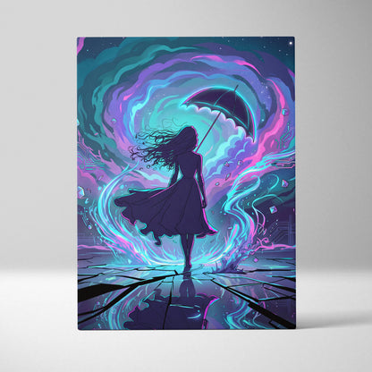 Vaporwave Neon Umbrella Fantasy - Woman Umbrella Neon Pink Teal Vaporwave Dreamy Retro Neon Wall Art Canvas