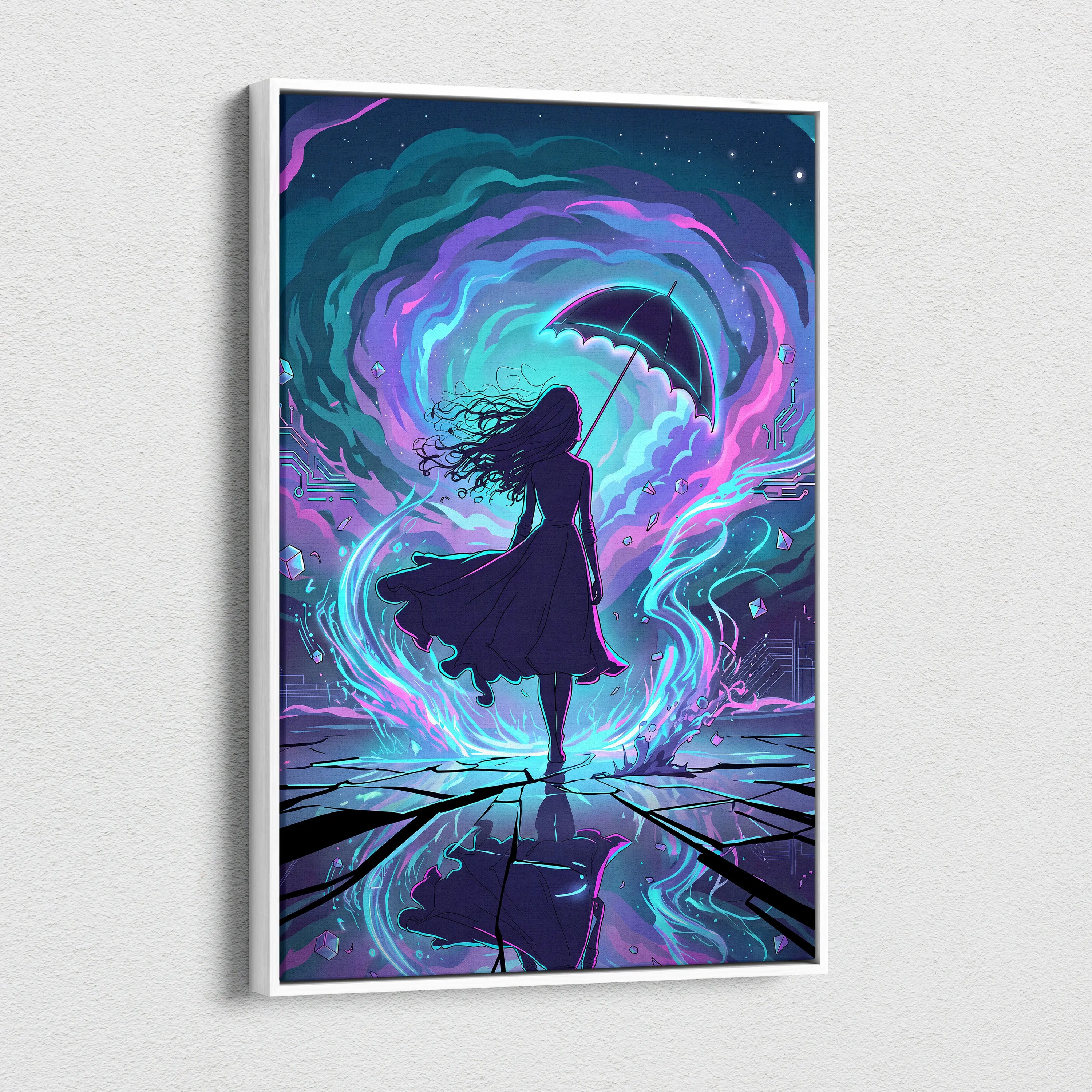 Vaporwave Neon Umbrella Fantasy - Woman Umbrella Neon Pink Teal Vaporwave Dreamy Retro Neon Wall Art Canvas