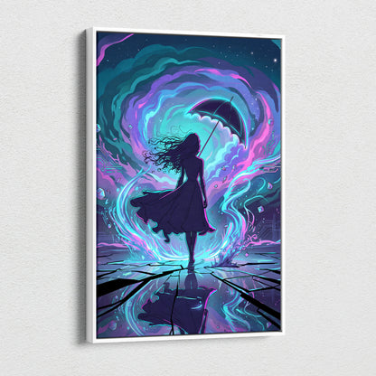 Vaporwave Neon Umbrella Fantasy - Woman Umbrella Neon Pink Teal Vaporwave Dreamy Retro Neon Wall Art Canvas