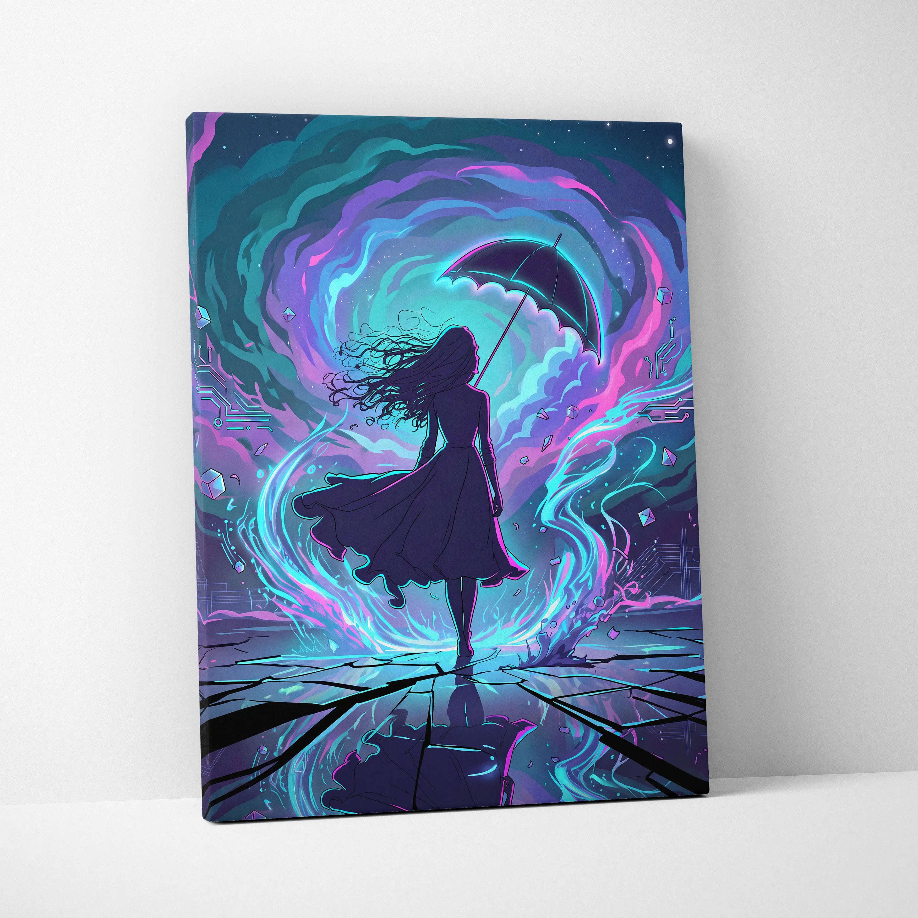 Vaporwave Neon Umbrella Fantasy - Woman Umbrella Neon Pink Teal Vaporwave Dreamy Retro Neon Wall Art Canvas