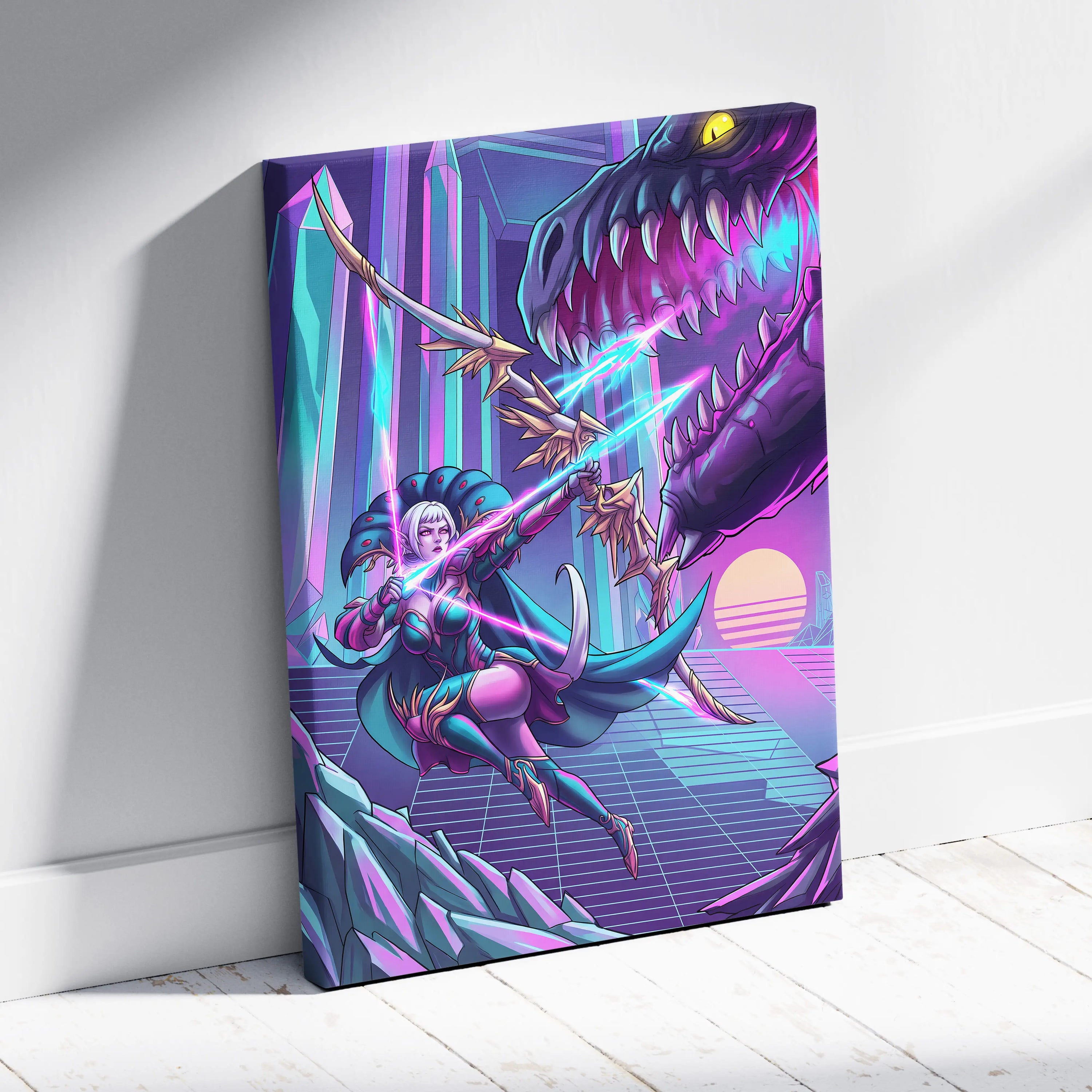 Vaporwave Dragon Night Canvas - Dragon Neon Purple Blue Living Room Vaporwave - Mystical Neon Wall Art Canvas