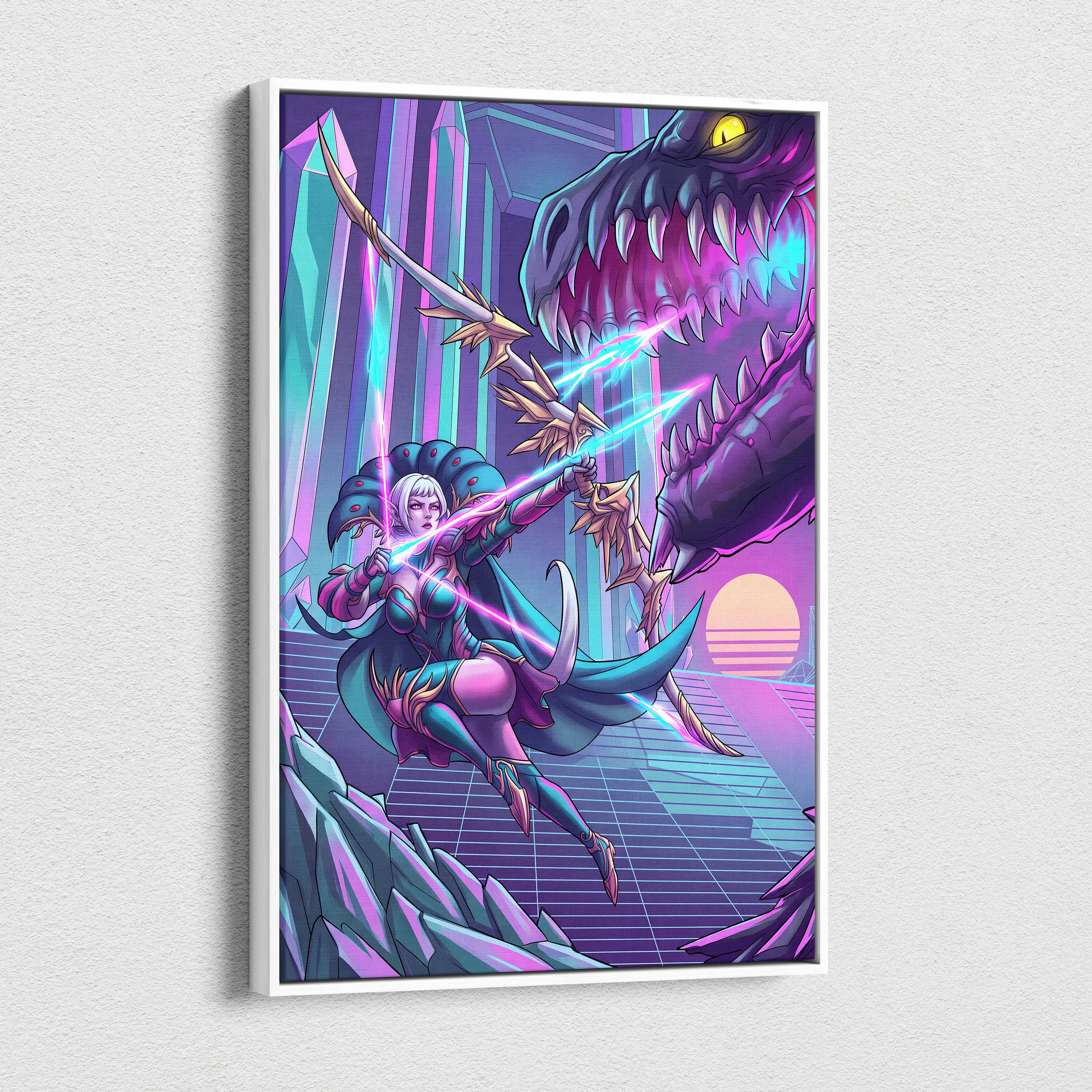 Vaporwave Dragon Night Canvas - Dragon Neon Purple Blue Living Room Vaporwave - Mystical Neon Wall Art Canvas