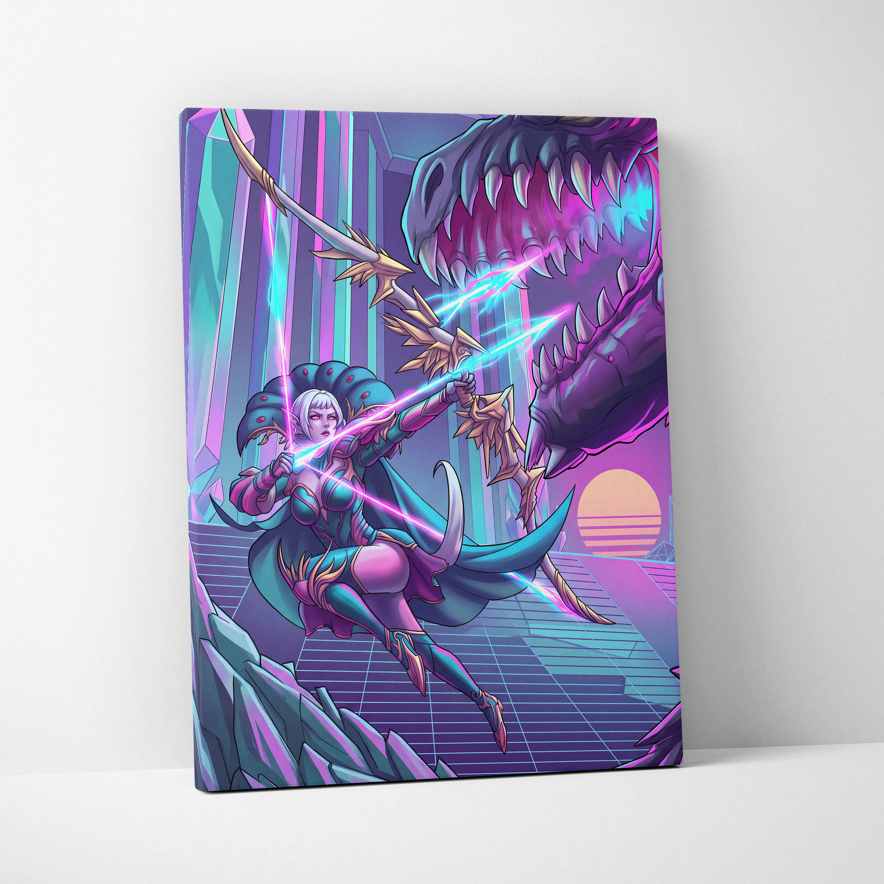 Vaporwave Dragon Night Canvas - Dragon Neon Purple Blue Living Room Vaporwave - Mystical Neon Wall Art Canvas