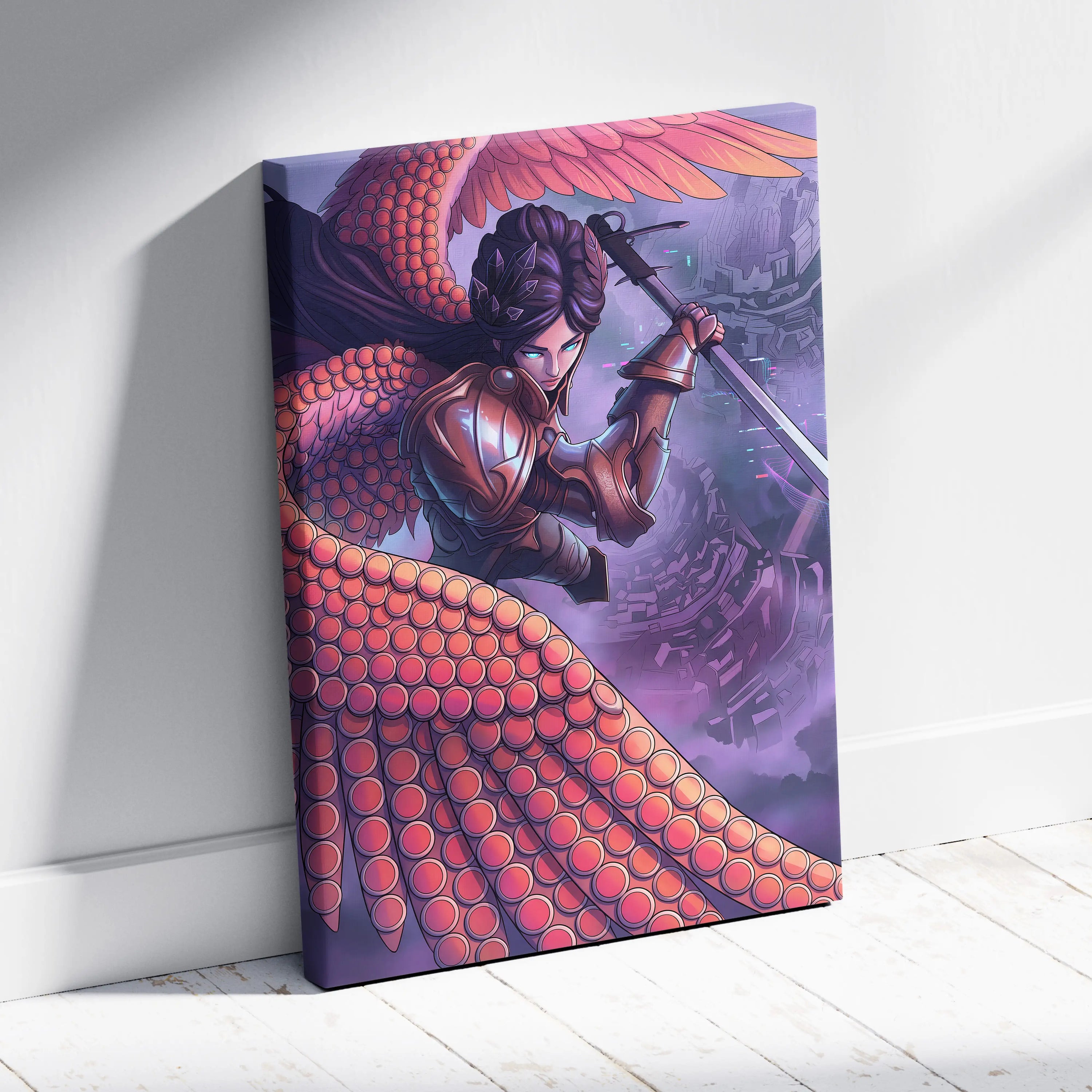 Vaporwave Fantasy Warrior Canvas - Futuristic Living Room Warrior Woman Neon Pink Vaporwave Dreamy Vaporwave Wall Art