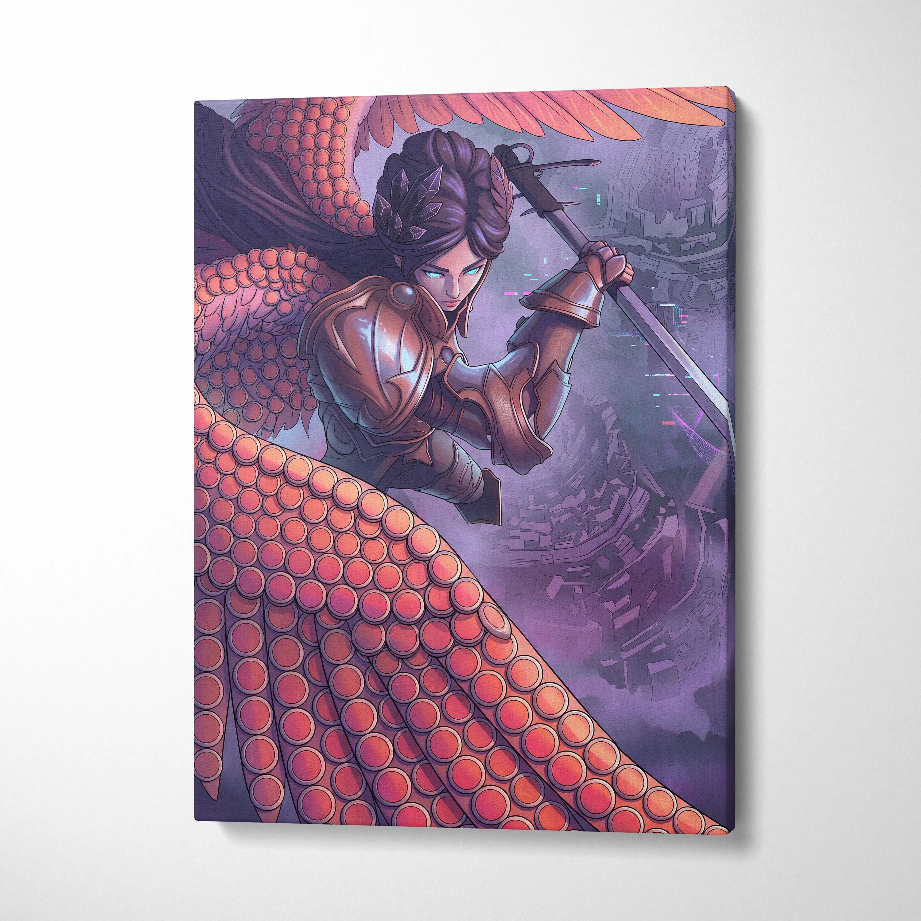 Vaporwave Fantasy Warrior Canvas - Futuristic Living Room Warrior Woman Neon Pink Vaporwave Dreamy Vaporwave Wall Art