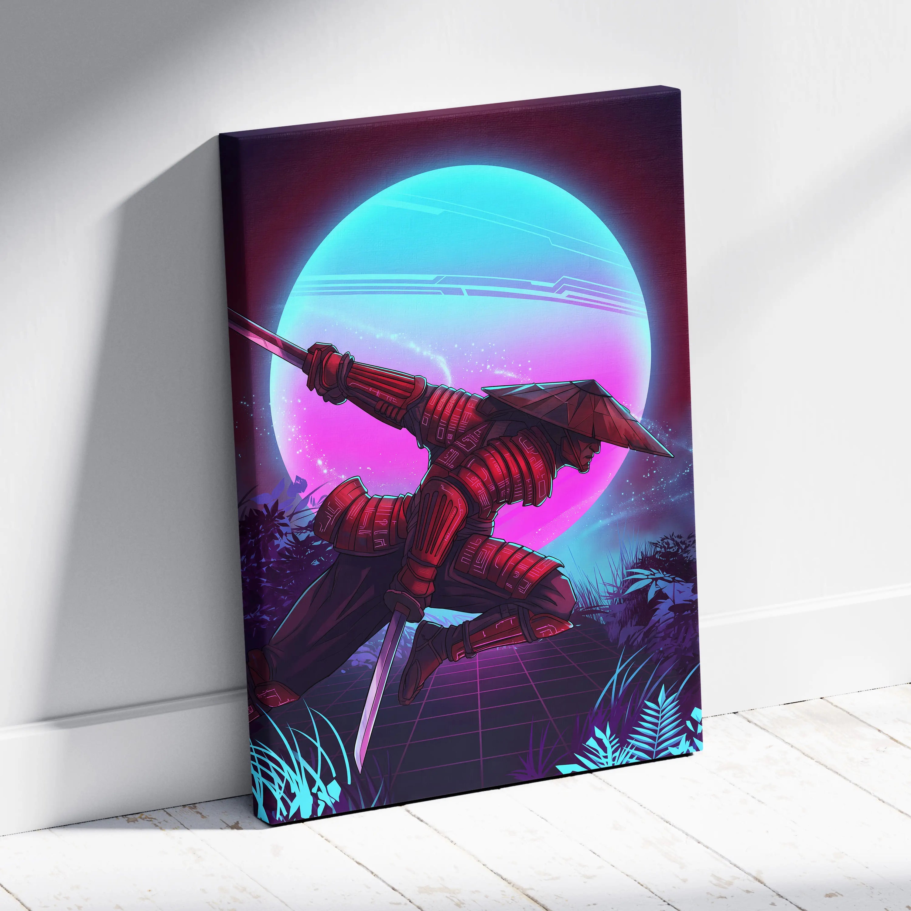 Vaporwave Neon Samurai Canvas - samurai canvas neon pink blue bedroom vaporwave nostalgic mood retrofuturist canvas