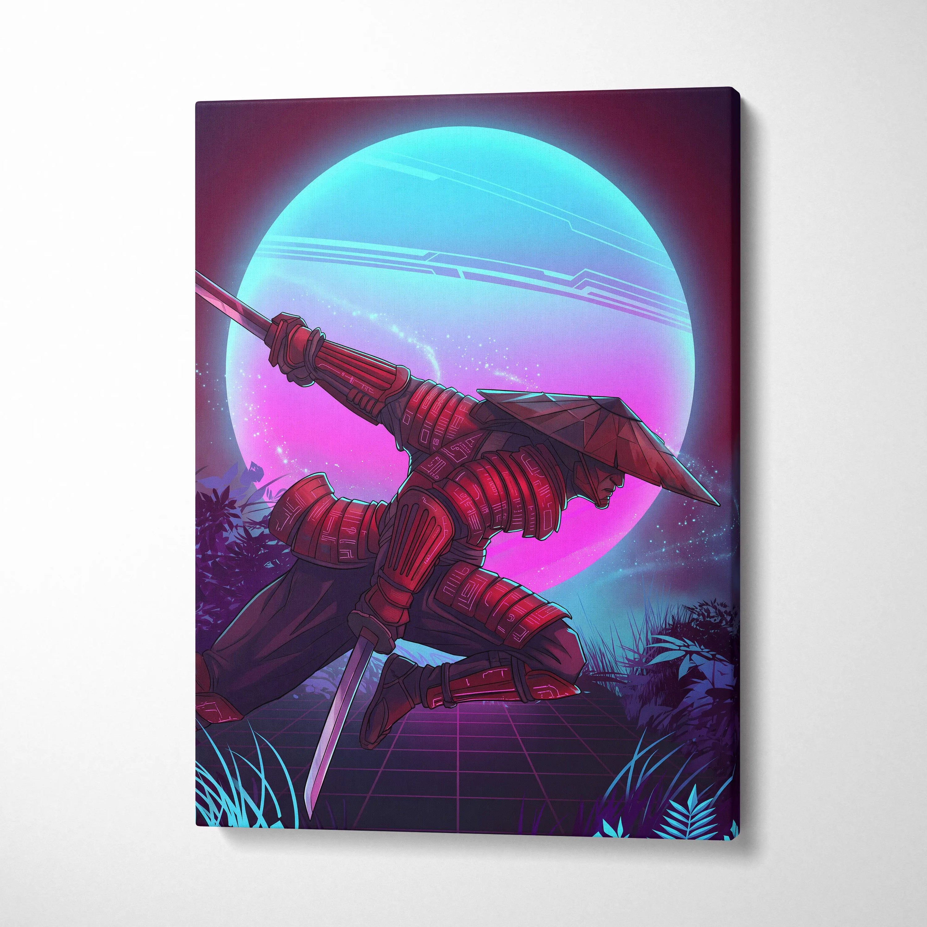 Vaporwave Neon Samurai Canvas - samurai canvas neon pink blue bedroom vaporwave nostalgic mood retrofuturist canvas