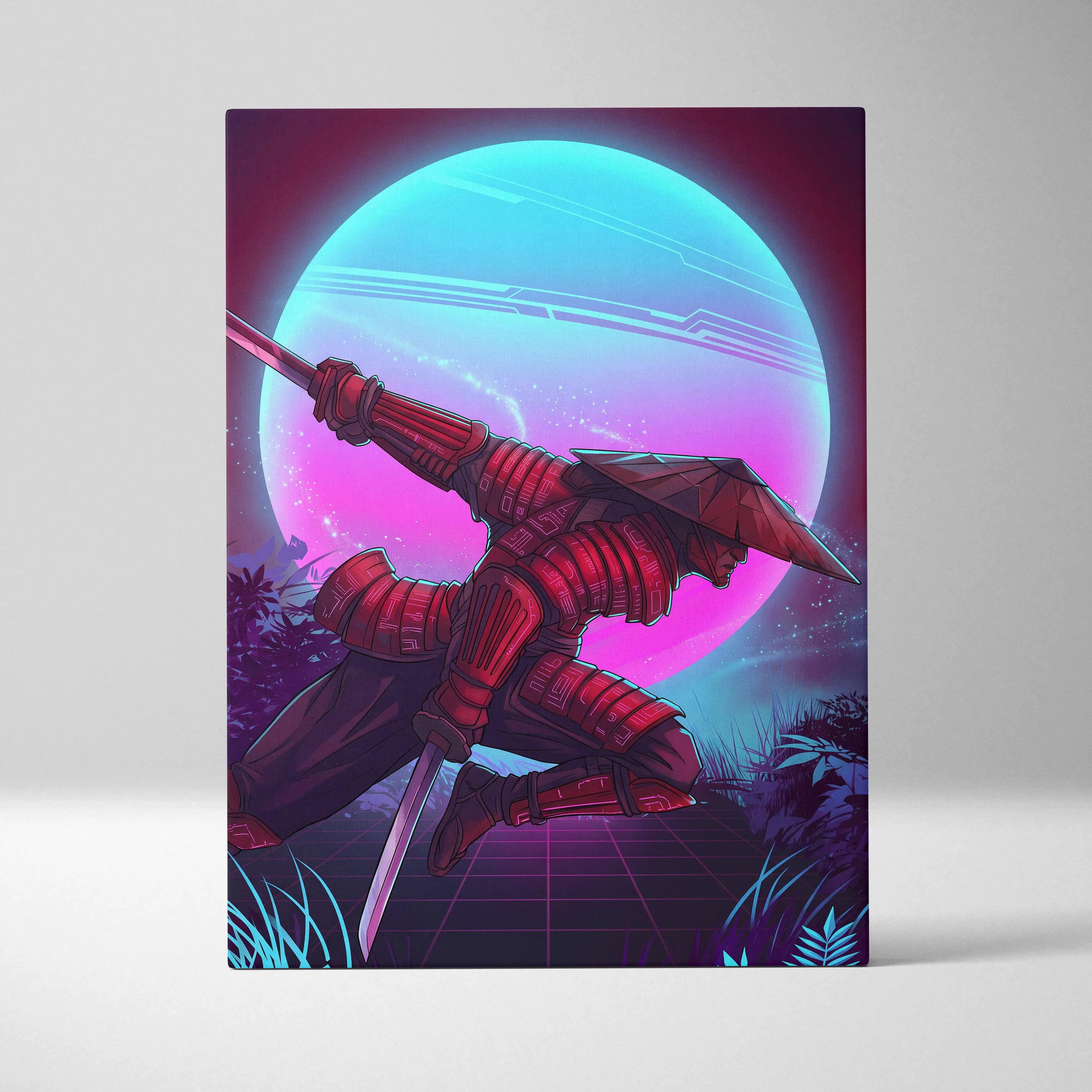 Vaporwave Neon Samurai Canvas - samurai canvas neon pink blue bedroom vaporwave nostalgic mood retrofuturist canvas