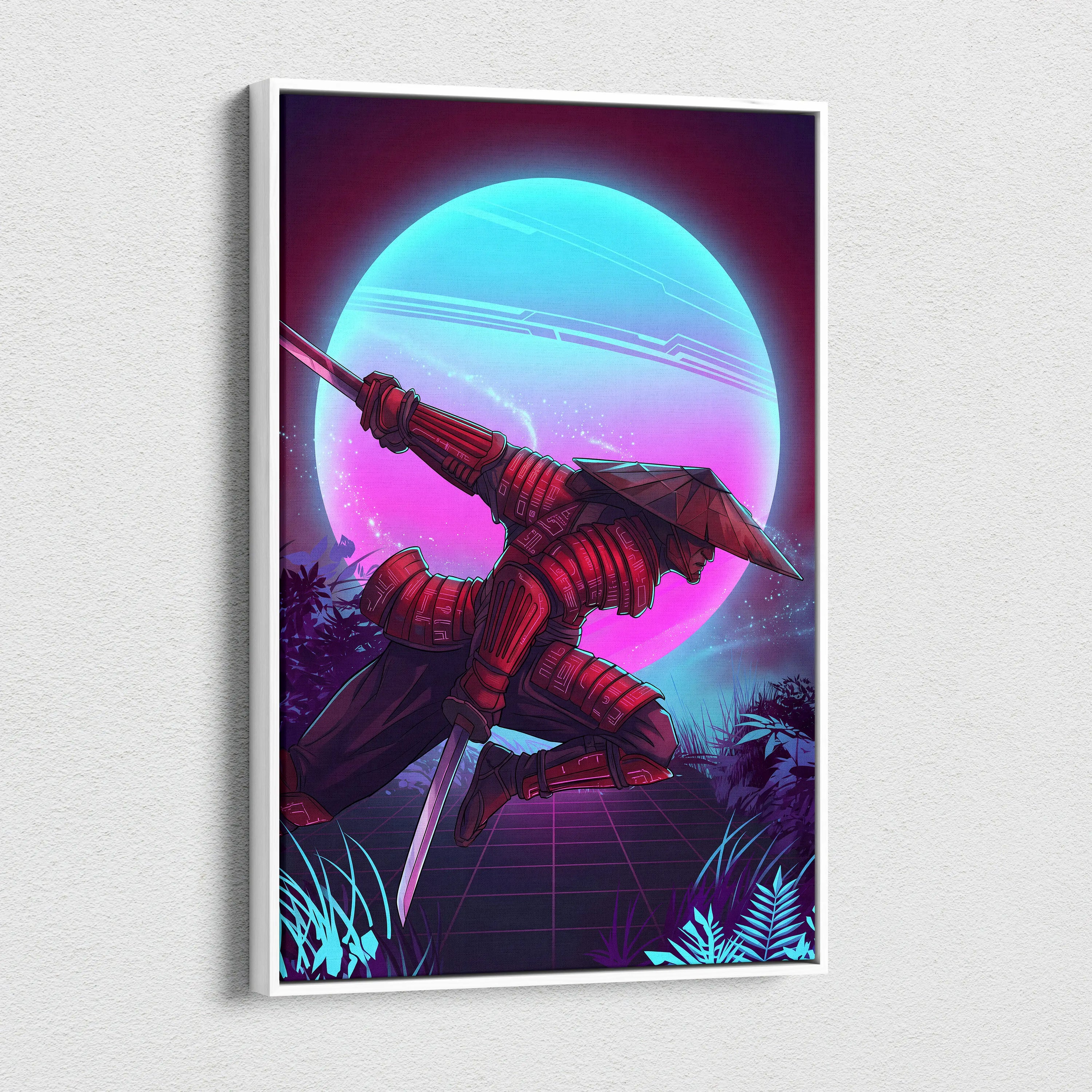 Vaporwave Neon Samurai Canvas - samurai canvas neon pink blue bedroom vaporwave nostalgic mood retrofuturist canvas