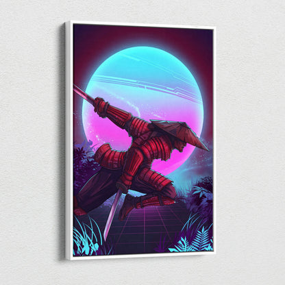 Vaporwave Neon Samurai Canvas - samurai canvas neon pink blue bedroom vaporwave nostalgic mood retrofuturist canvas