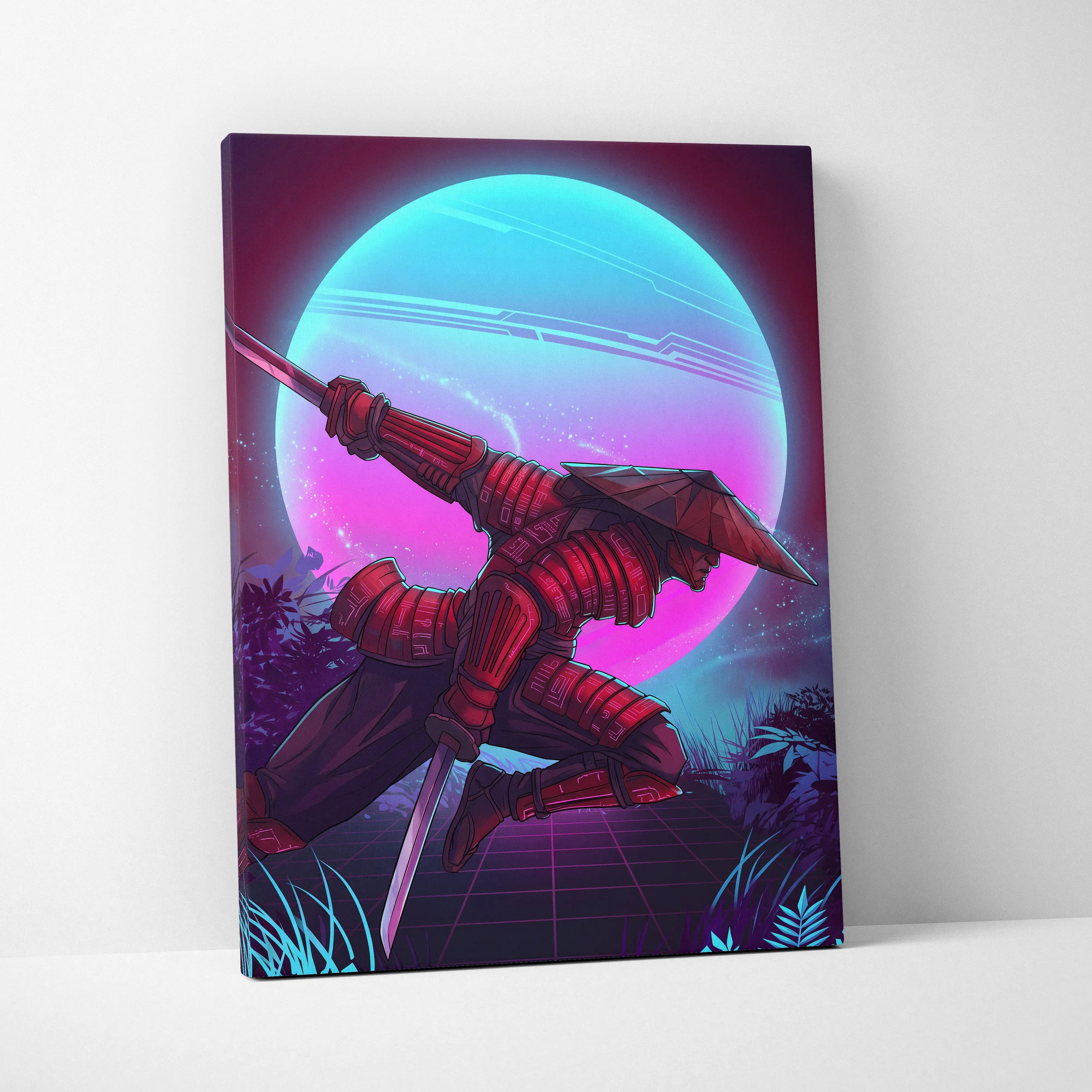 Vaporwave Neon Samurai Canvas - samurai canvas neon pink blue bedroom vaporwave nostalgic mood retrofuturist canvas