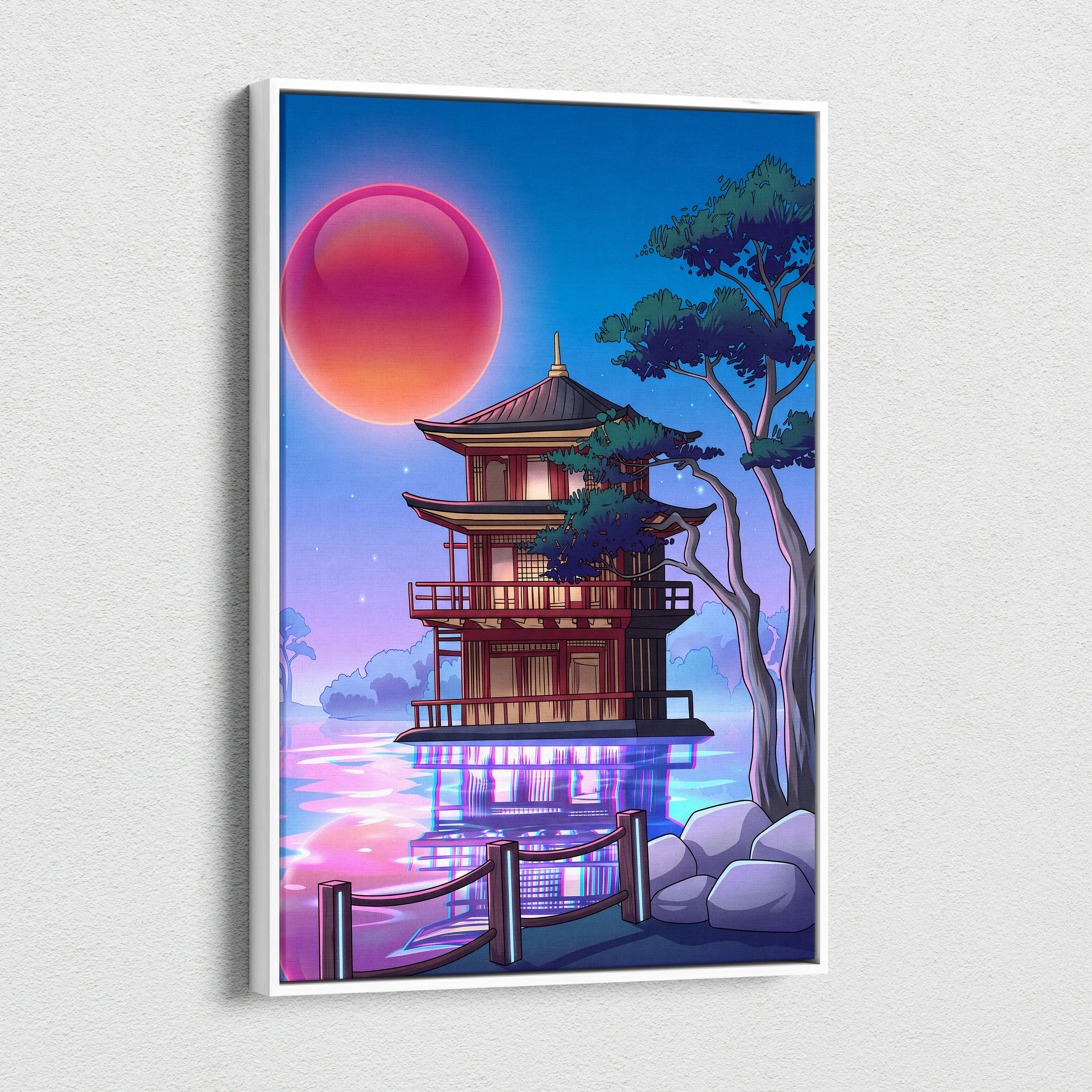 Vaporwave Sakura Sunset Canvas - Japanese Vaporwave Landscape Neon Pink Blue Living Room Decor Futurism Canvas