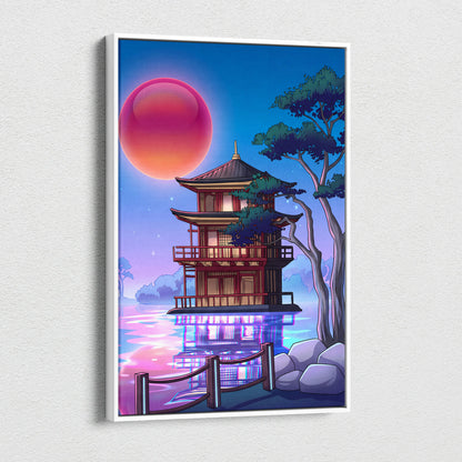 Vaporwave Sakura Sunset Canvas - Japanese Vaporwave Landscape Neon Pink Blue Living Room Decor Futurism Canvas