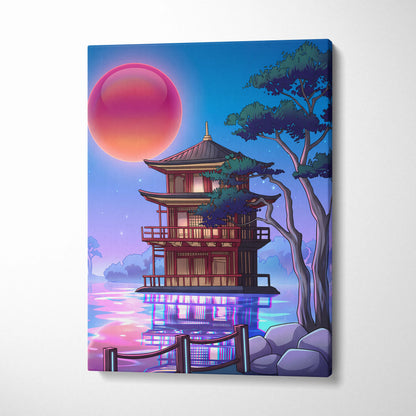Vaporwave Sakura Sunset Canvas - Japanese Vaporwave Landscape Neon Pink Blue Living Room Decor Futurism Canvas