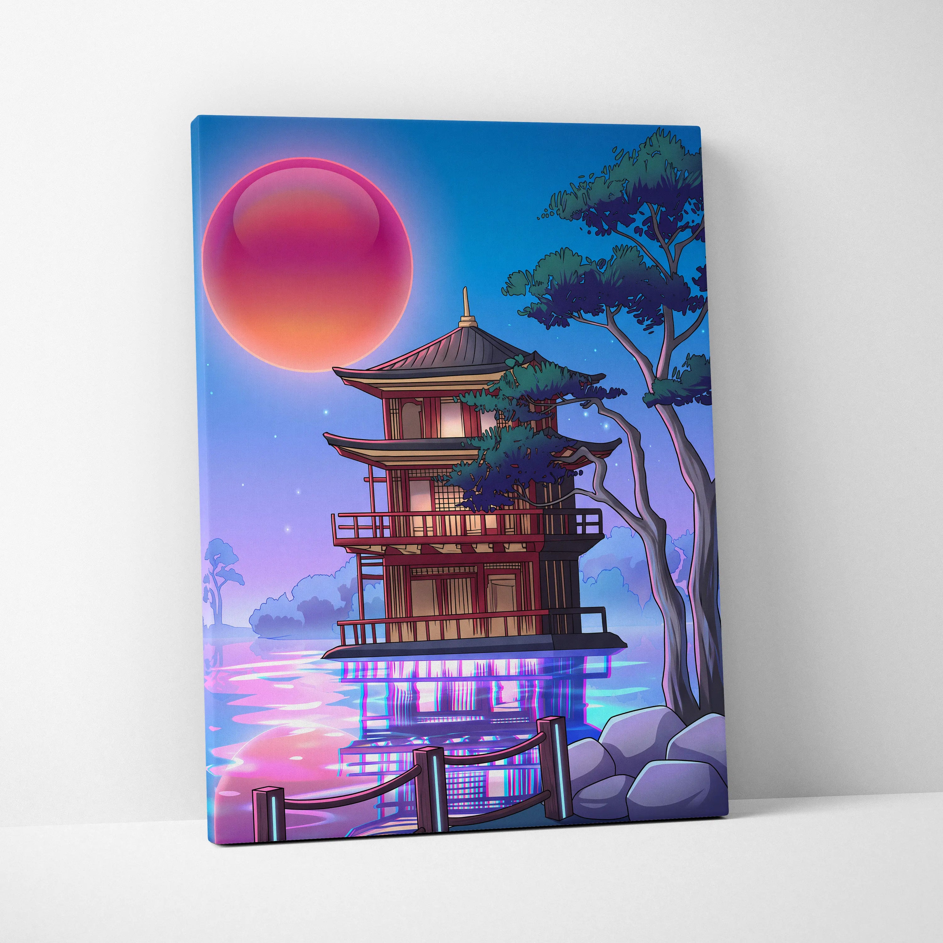 Vaporwave Sakura Sunset Canvas - Japanese Vaporwave Landscape Neon Pink Blue Living Room Decor Futurism Canvas