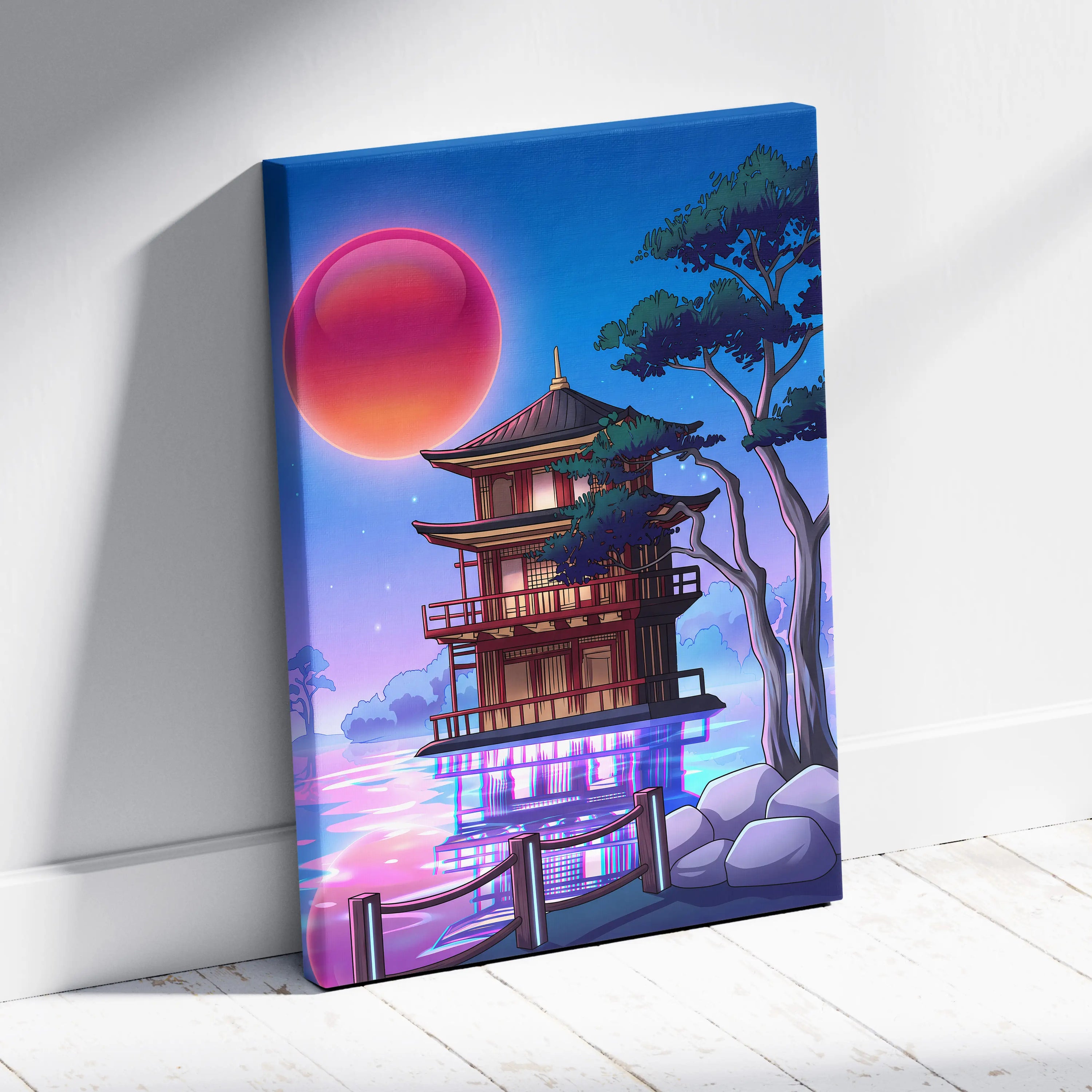 Vaporwave Sakura Sunset Canvas - Japanese Vaporwave Landscape Neon Pink Blue Living Room Decor Futurism Canvas