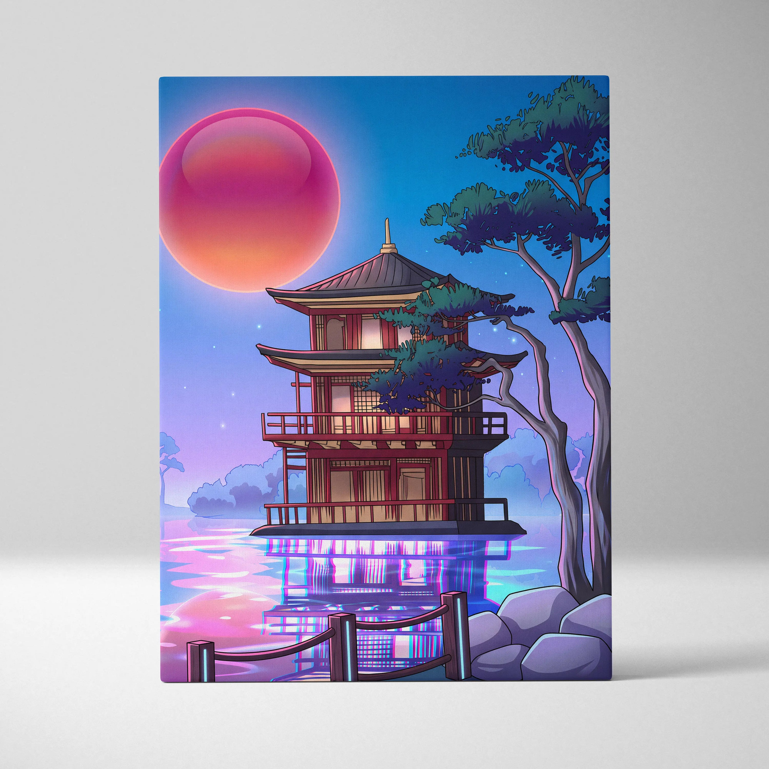 Vaporwave Sakura Sunset Canvas - Japanese Vaporwave Landscape Neon Pink Blue Living Room Decor Futurism Canvas